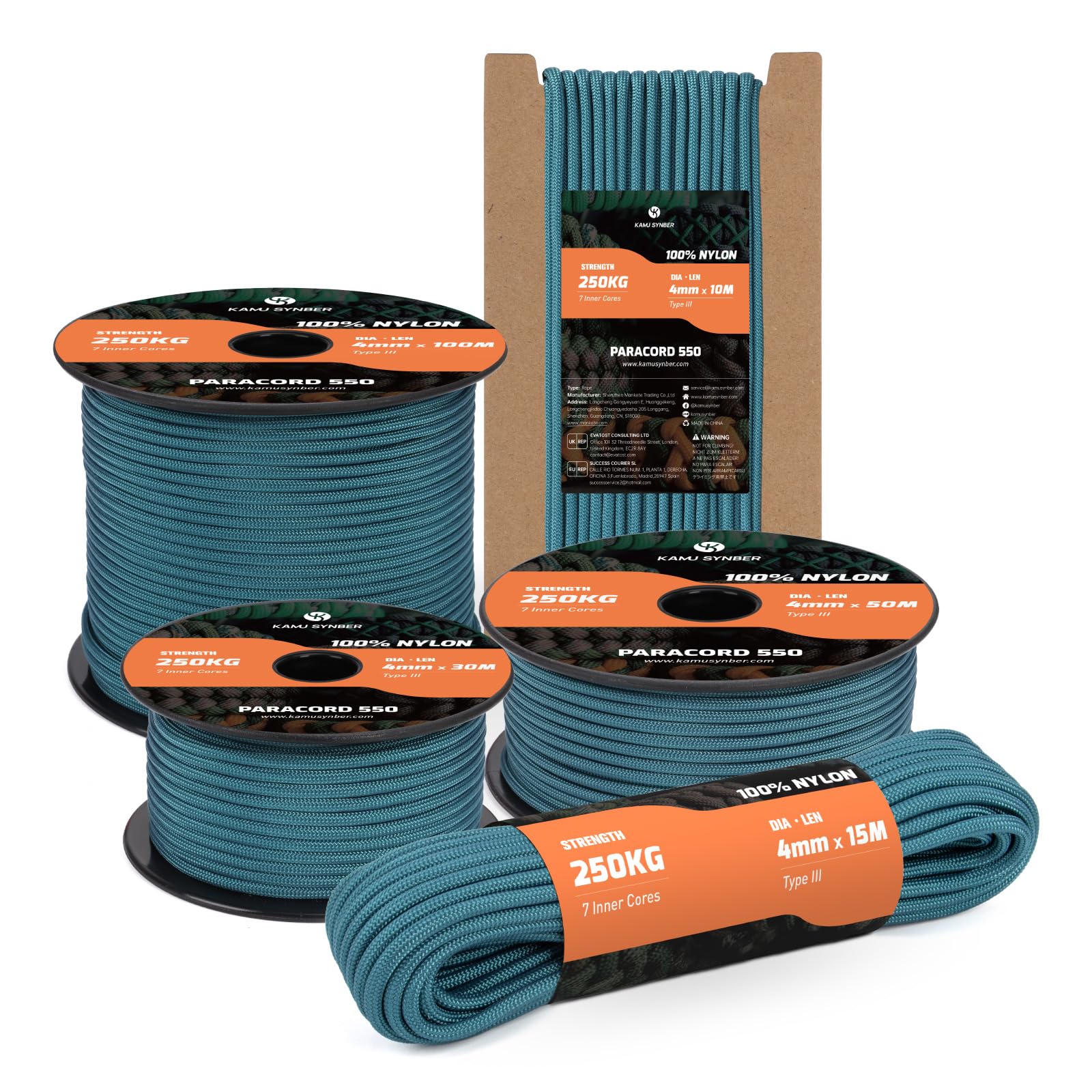 Kamu Synber 550 Paracord 4mm 10m Type III 7 Strands 100% Nylon Rope Parachute Cord Ideal for Crafting, DIY, Camping, Survival, Outdoor | Support 250kg | Teal