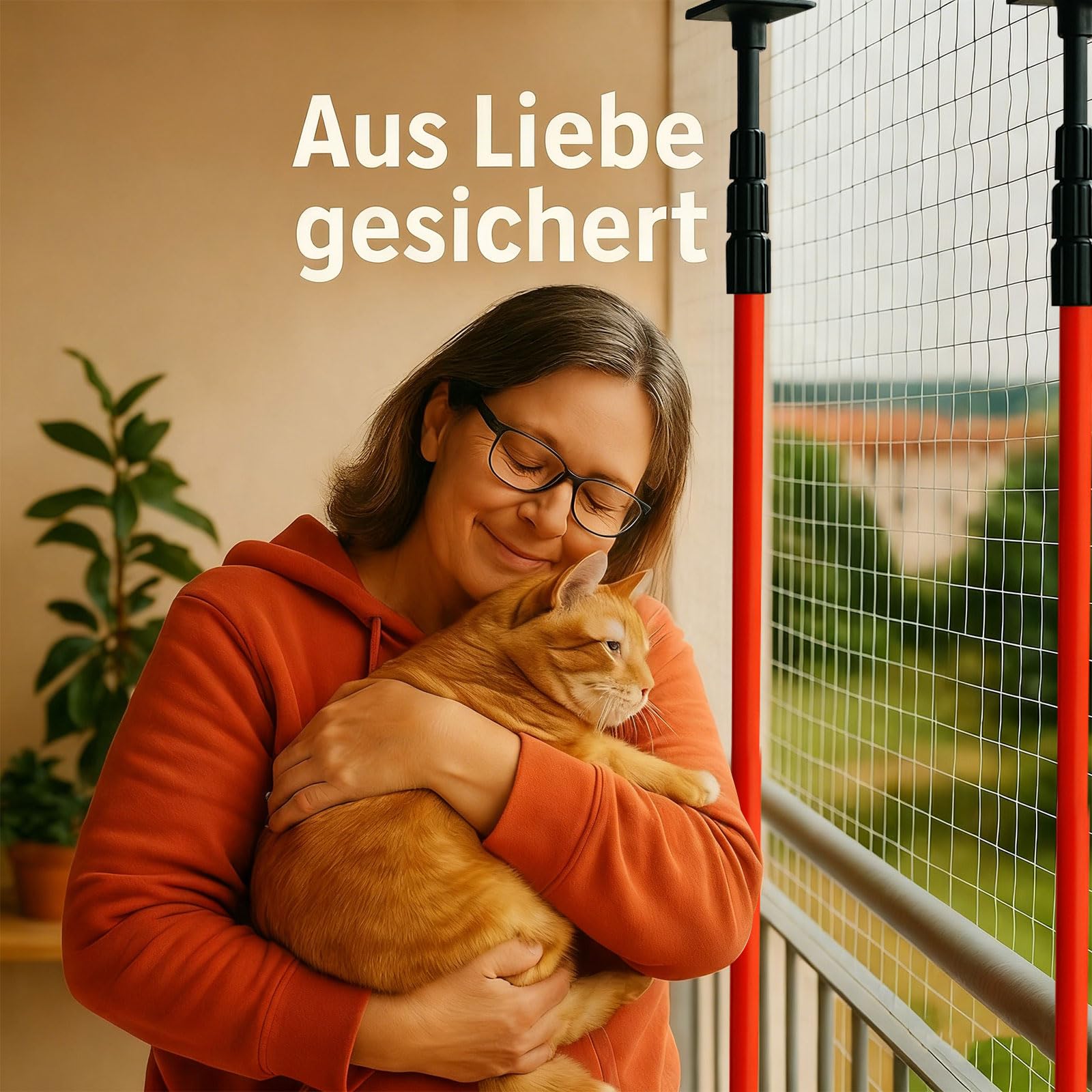 Katzennetz für Balkon mit Stangen – Ohne Bohren montierbar, Aluminium Teleskopstangen 120–300 cm, Sicherer Katzenschutz & stabile Befestigung