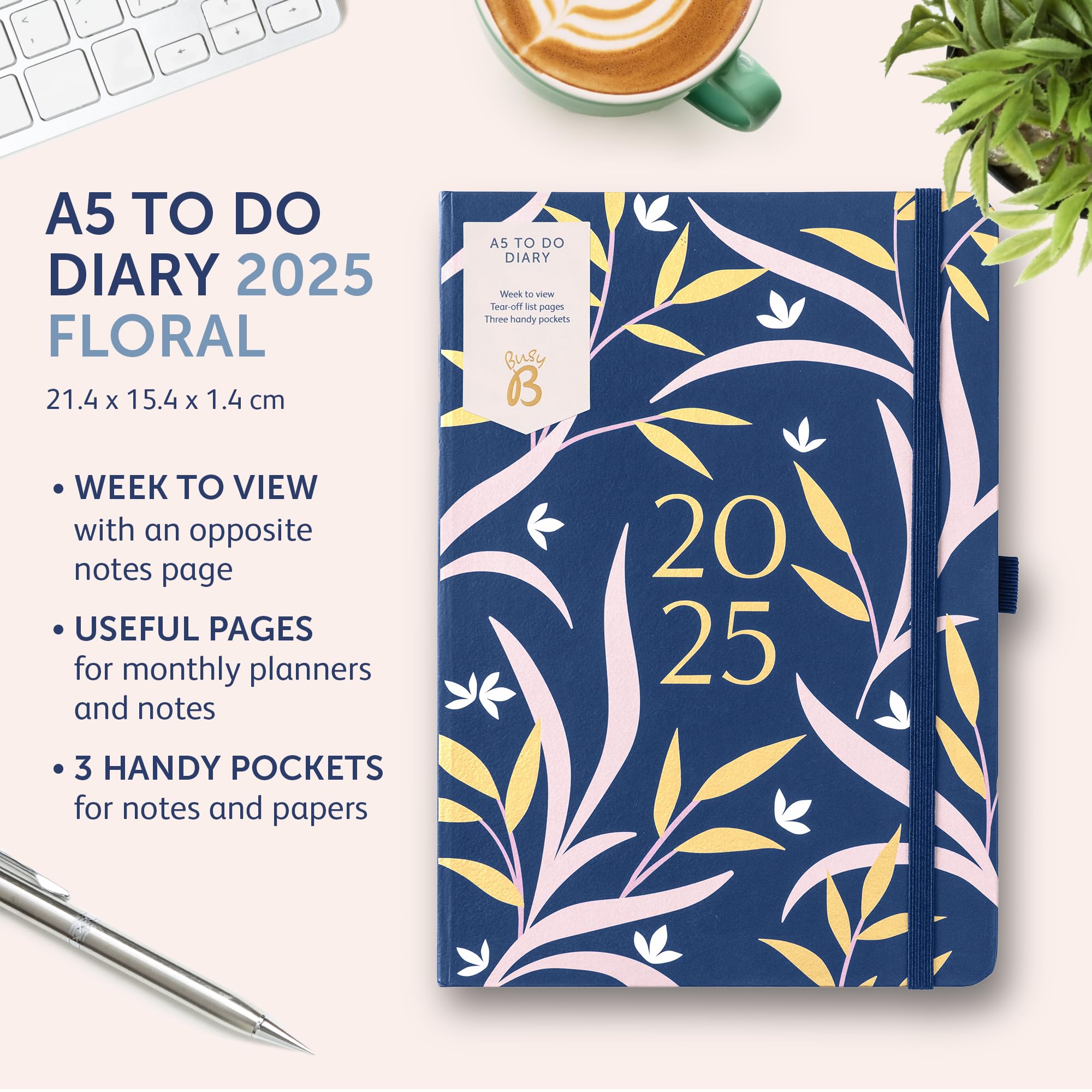 Busy B 2025 Diary, A5 Weekly Planner with To-Do Lists & Notes Pages, Work, School, Office Navy Floral Journal - Image 2