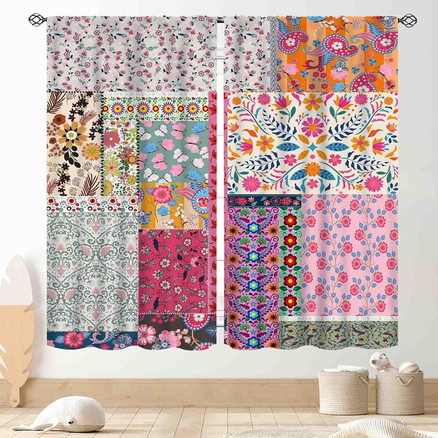 Patchwork Floral Curtains, Boho Vintage Flower Bohemian Colorful Spring Retro Pattern Stitching Bohemian Window Curtains for Living Room Bedroom Kitchen Bathroom 2 Panels, 42"x63" Inch