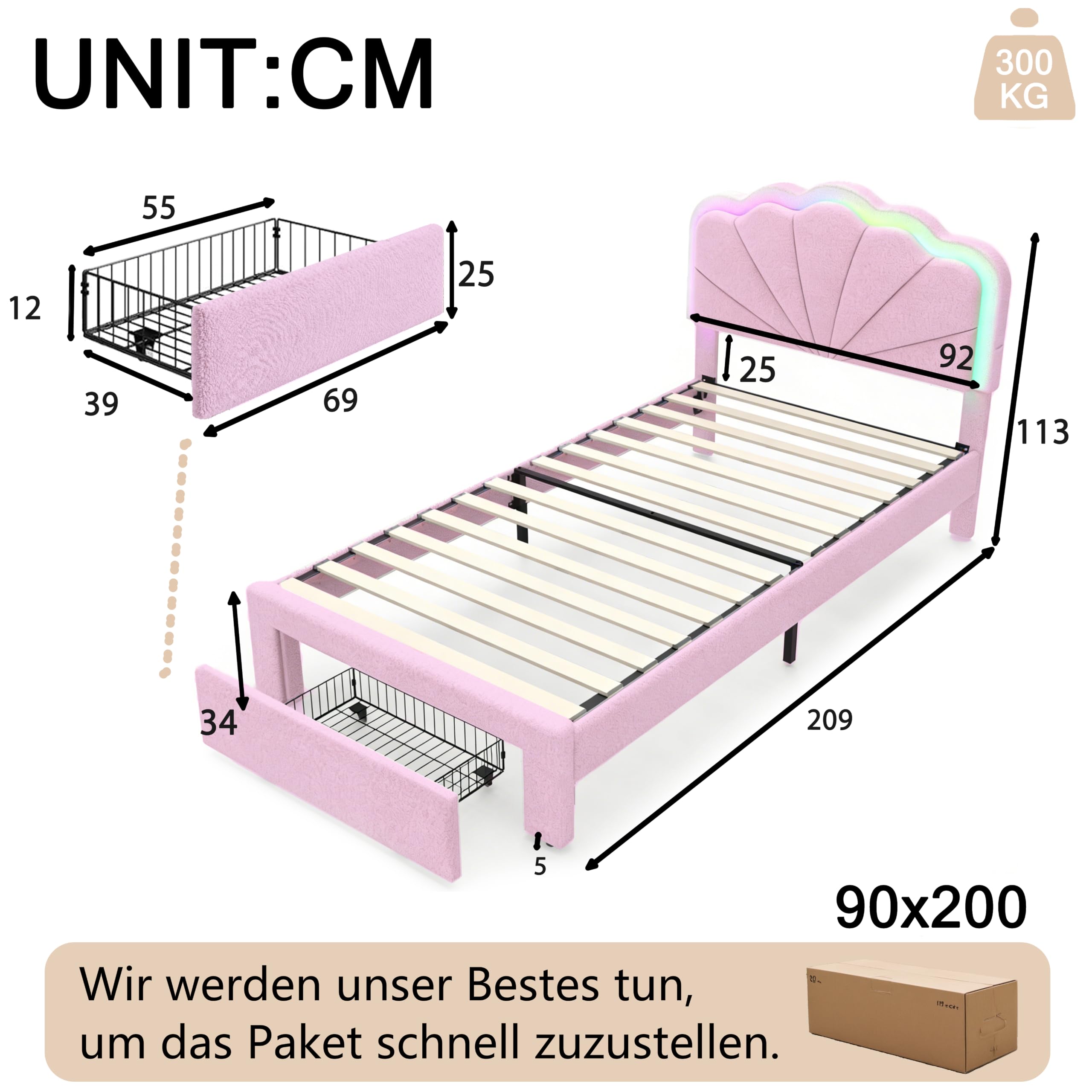 Bettrahmen mit 1 Schublade, 90×200 cm, Teddyvelours, Pink | LED-Beleuchtung, verstellbares Kopfteil, Ladestation, USB & Type-C, gepolstertes Bett, Fußteil-Schublade, Holzlatten