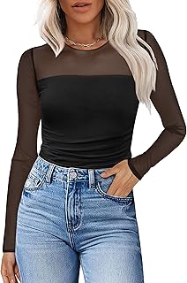 Women's Sexy Sheer Long Sleeve Tops Crew Neck Mesh Ruched Going Out Shirts Blouse Date Night Outfits