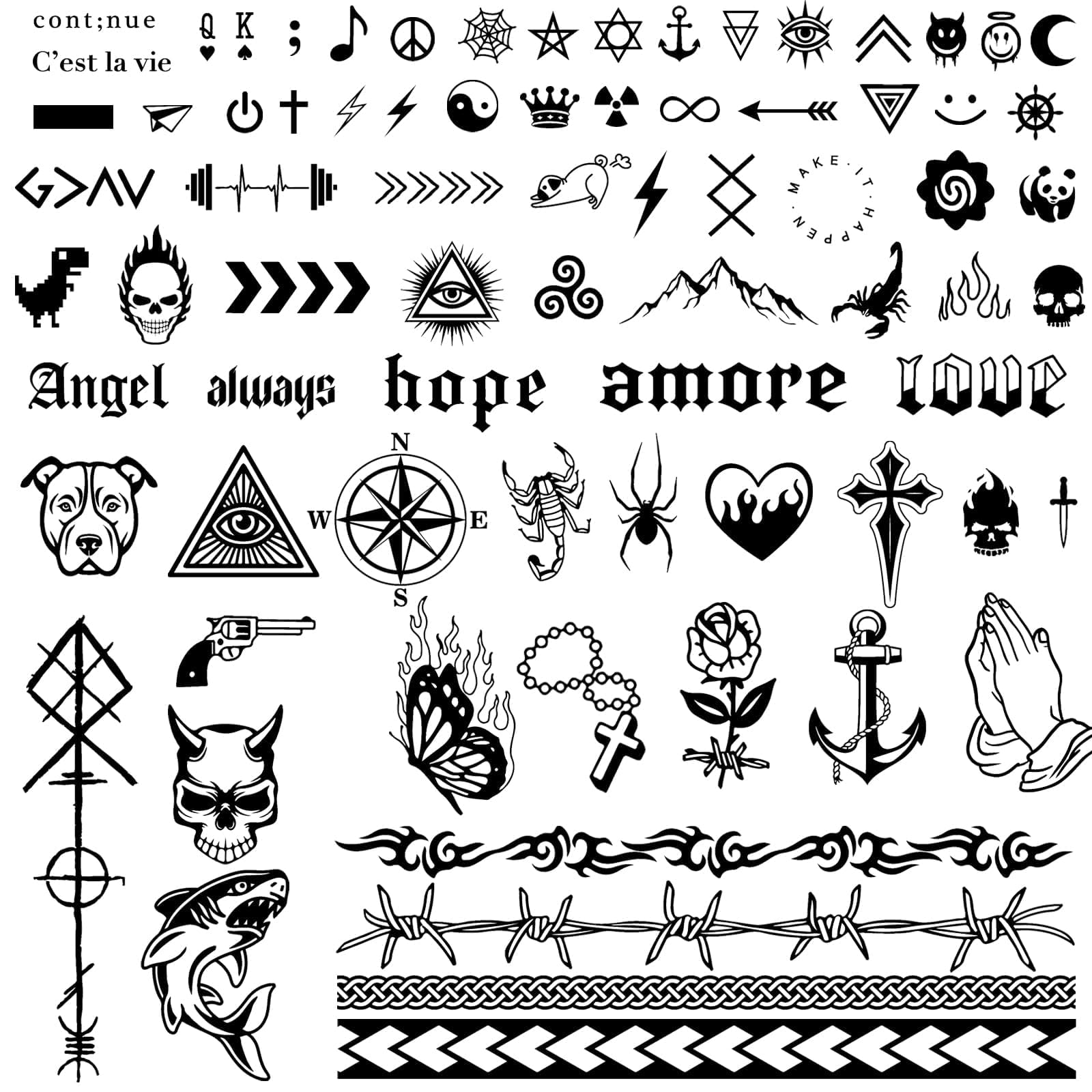 3sheets Halloween Small Temporary Tattoos for Men Women Adults Fake Tattoos Realistic Gothic Writing Skull Cross