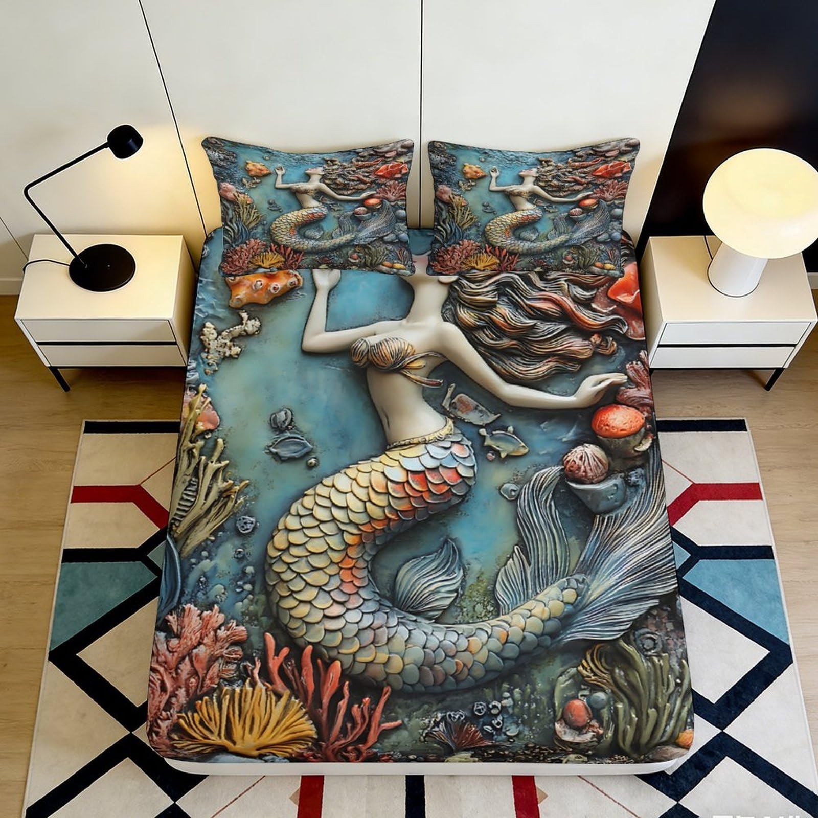 3D Printed Mermaid Ocean Fitted Sheet Microfiber Soft Undersea Coral Mattress Cover Non-slip Bedroom Decor 90x200x25cm