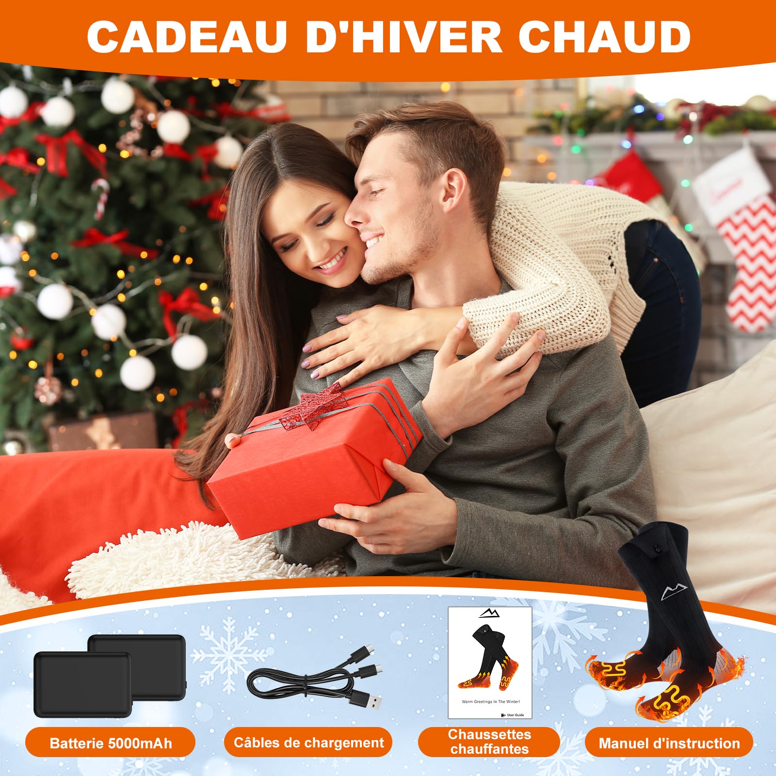 seenlast Chaussettes Chauffantes Homme Femme, 2×5000mAh Chaussette Chauffante Rechargeables, 3 Niveaux de Chauffe, Lavables Chaussettes Thermiques, Chauffe Pied pour Sports, Ski, Camping, Moto