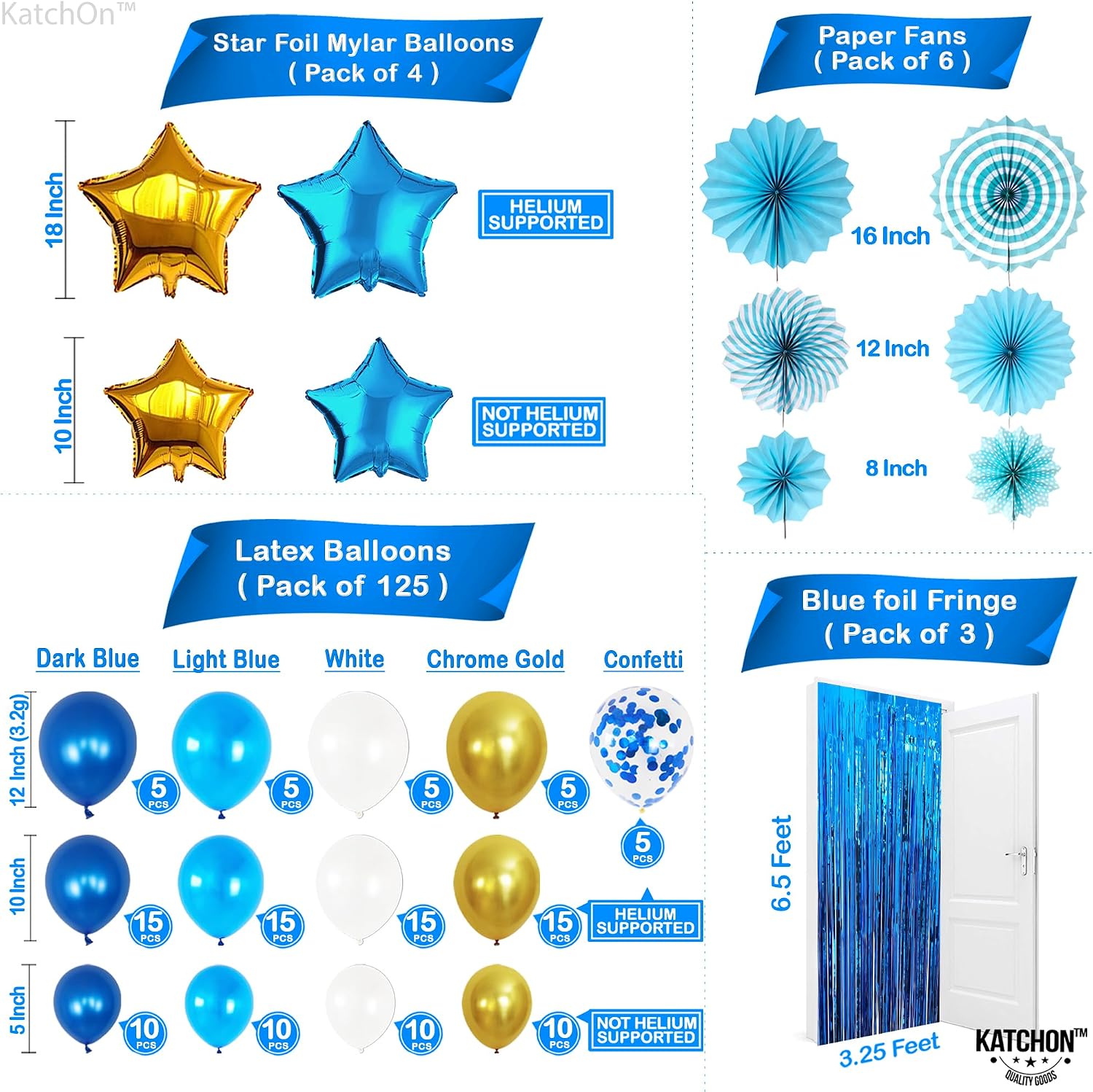 KatchOn, Blue Party Decorations Set - Pack of 164 | White, Blue and Gold Balloon Arch Kit with Confetti | Blue Streamers | Star Balloon, Paper Fans for Blue Birthday Decorations | Blue Decorations