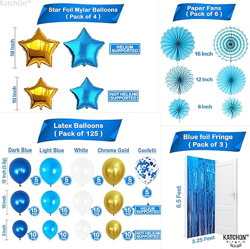 Miniatura 3 de KatchOn, Juego de decoración de fiesta azul – Paquete de 164 | Kit de arco de globos blanco, azul y dorado con confeti | Serpentinas azules | Globo