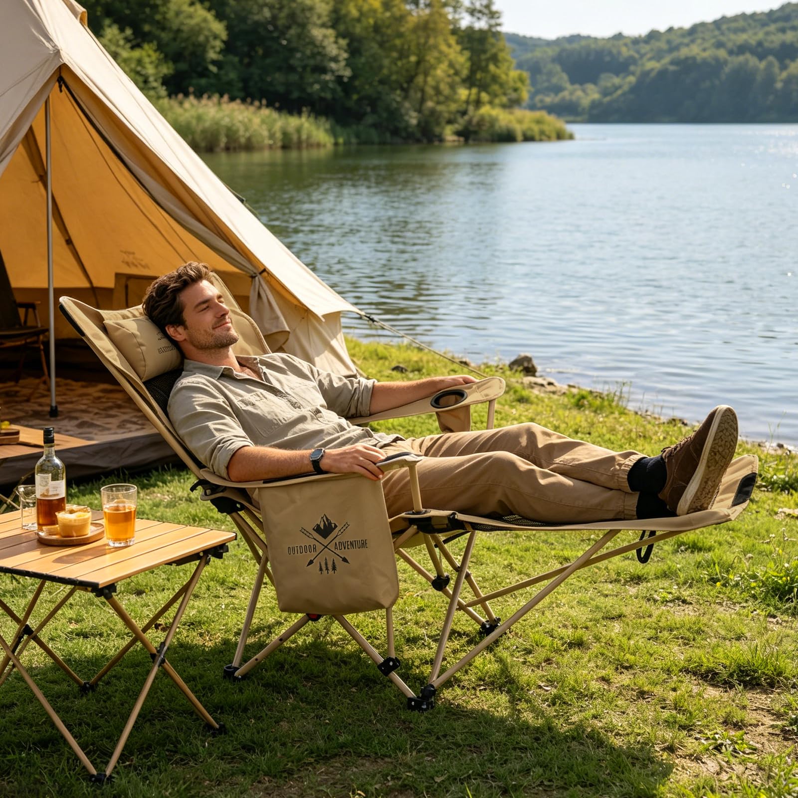 Silla Camping Plegable, 2 en 1 Sillas Playa con Footrest, Regulación de Altura en 4 Posiciones, Incluye Bolsa Isotérmica y Portavasos, Hasta 120KG, para Outdoor Camping Garden Fishing Terrace