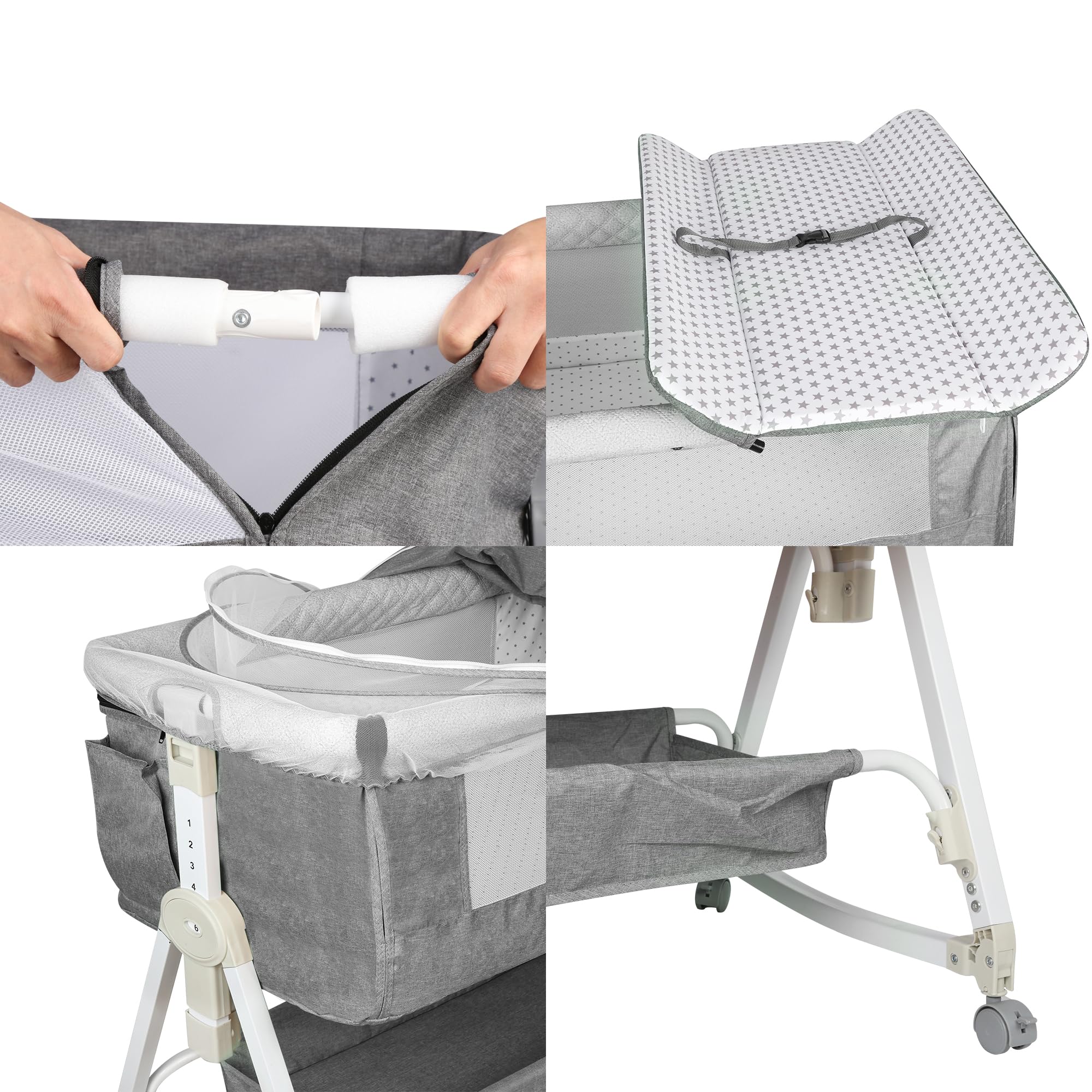 Lit Bébé Cododo la Naissance avec Fonction Bascule, Berceau Cododo avec Matelas et Moustiquaire, Lit d'appoint Mobile pour Bébé, Hauteur en Réglable 6 Positions, Gris 90 * 50*(98-110) cm
