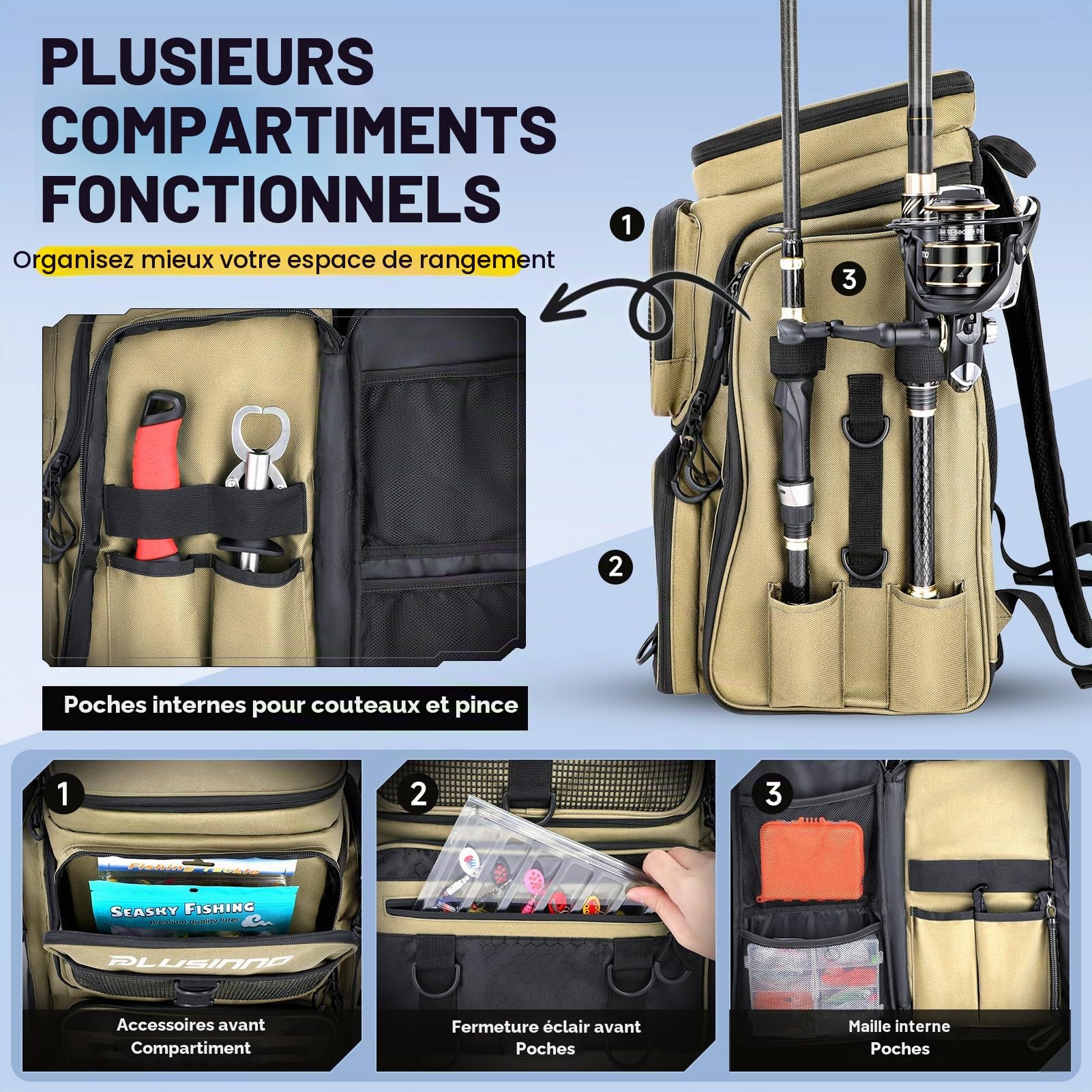 PLUSINNO Fishing Backpack With Tackle Boxes sac à dos de pêche avec boîtes de pêche Mixte