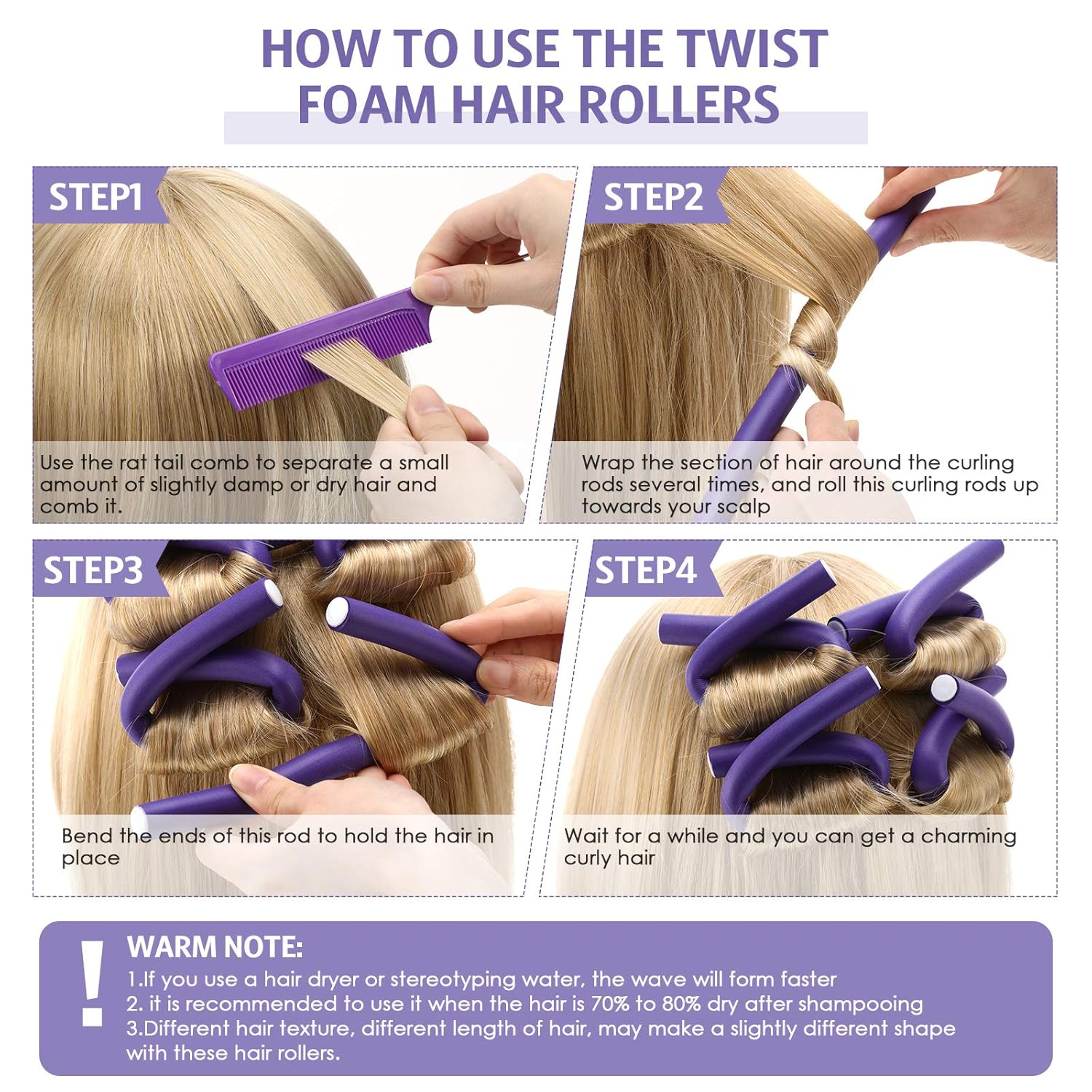 Syhood 30 Pcs Flexible Curling Rods 9.45 Twist Foam Rollers Soft Foam No Heat Hair Rods Rollers and 1 Steel Pintail Comb Rat Tail Comb for Women Long Short Hair(Purple,9.45 x 0.55 Inch)