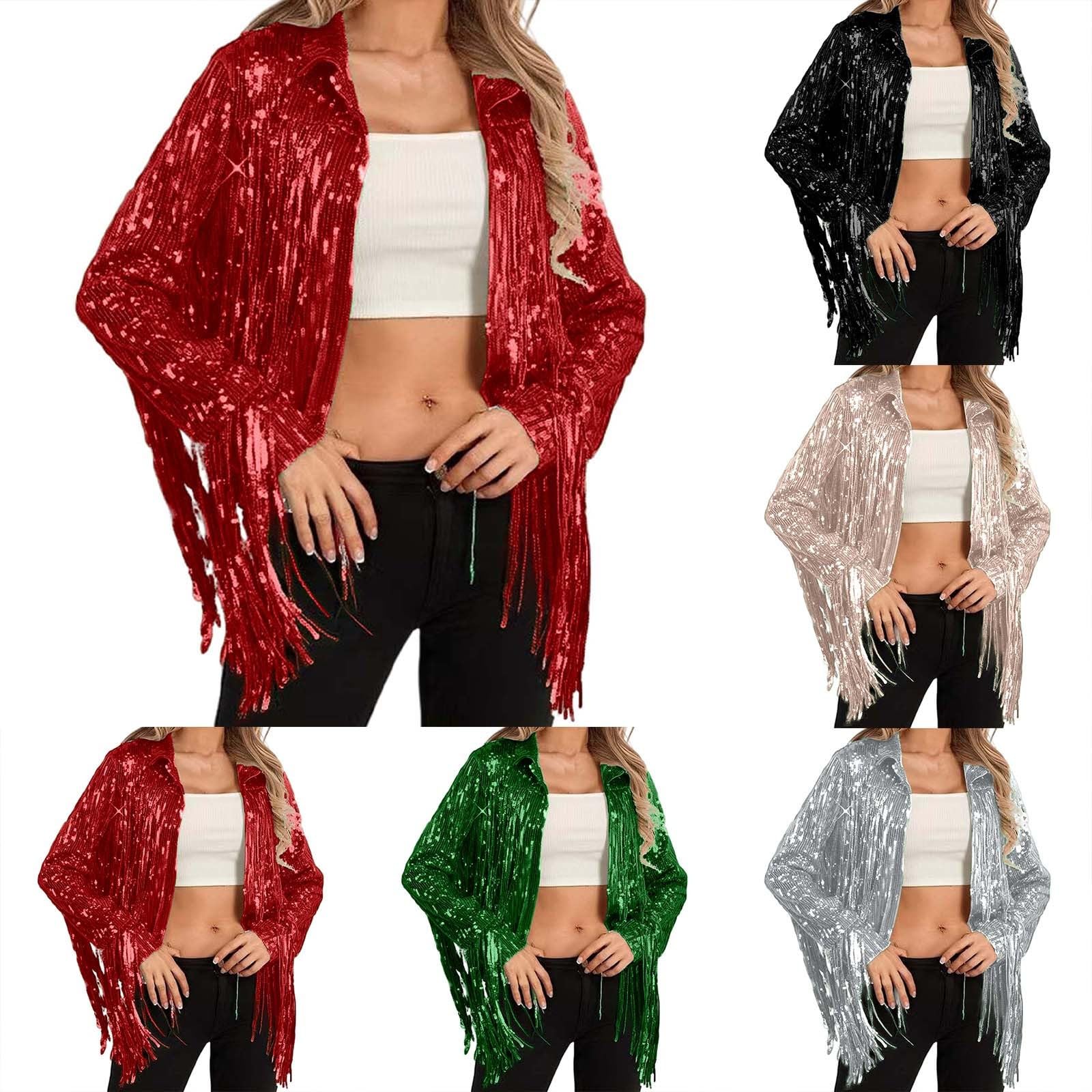 Damen Pailletten Jacke mit Fransen Glitzer Cardigan Langarm Blazer Offene Vorderseite Party Jacken 70er Jahre Disco Outfit für Karneval Fasching Festival Clubwear 2026