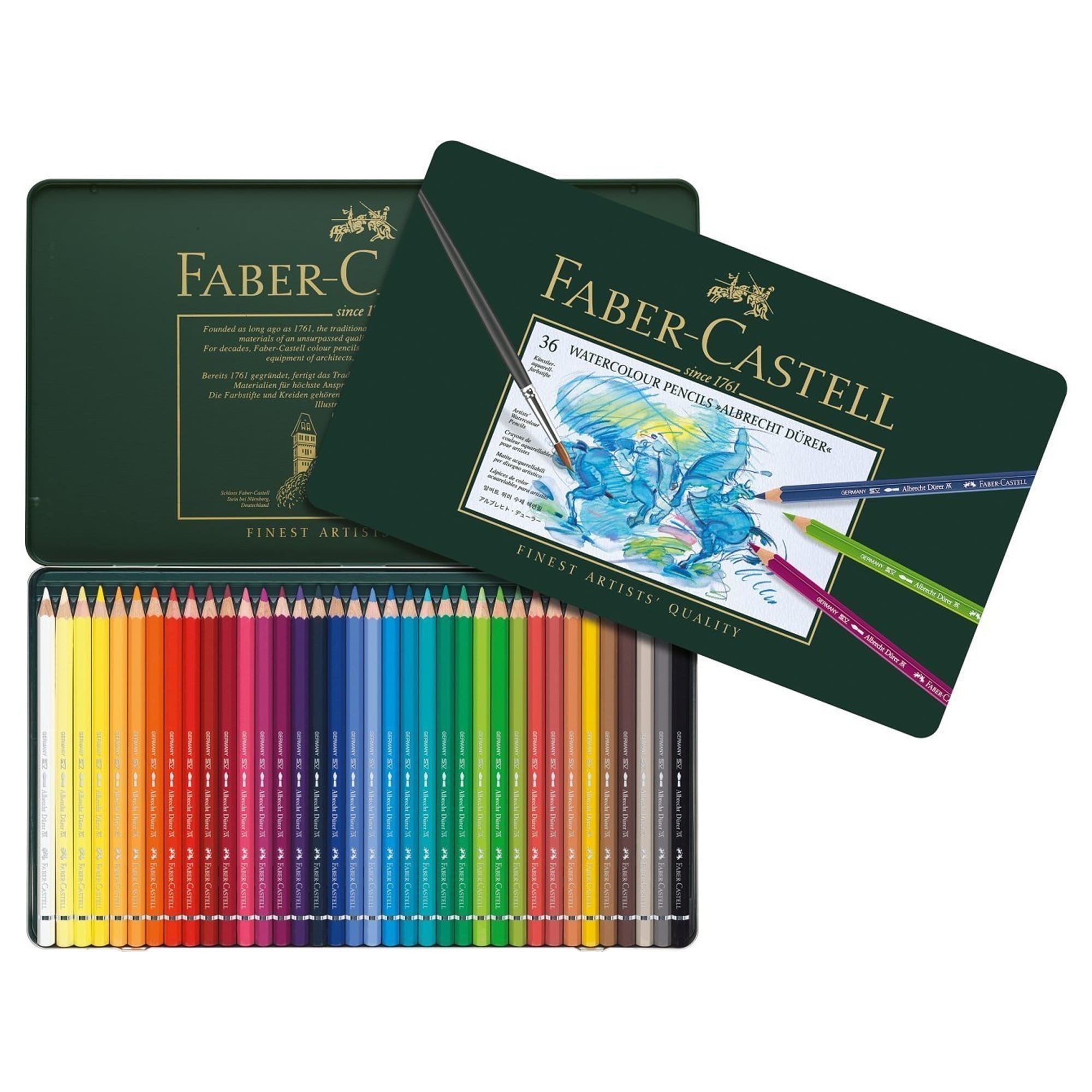 Faber-Castell 217505 Set Albrecht Dürer, 36er Aquarellstifte, 1 Clic und Go Wasserbecher mit Pinsel