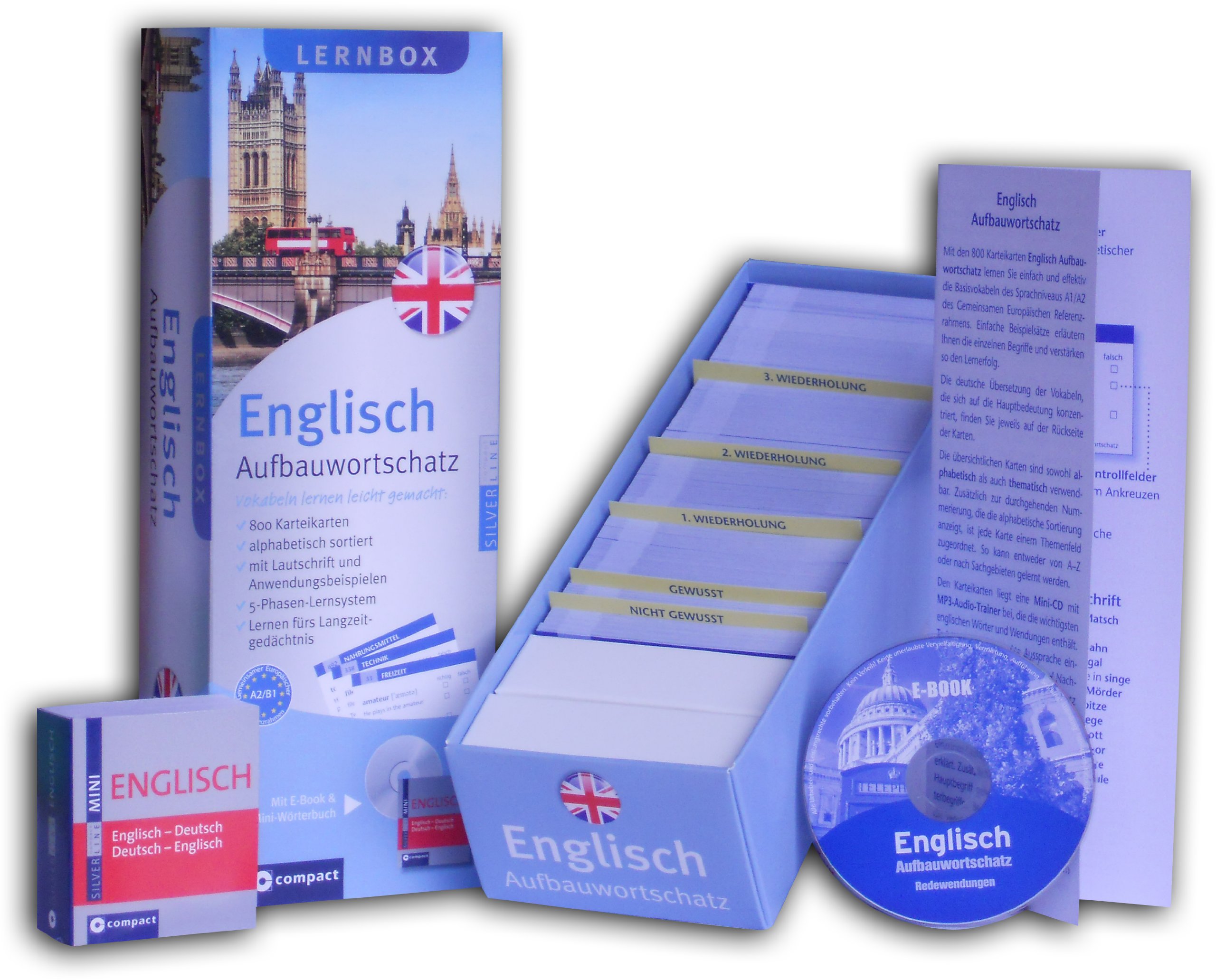 Englisch Aufbauwortschatz - Compact Lernbox: 800 Vokabel-Karteikarten, Mini-CD & Mini-Wörterbuch Englisch. Mit 5-Phasen-Lernsystem. Niveau A2 / B1: ... auf Mini-CD & Mini-Wörterbuch. Niveau A2/B1