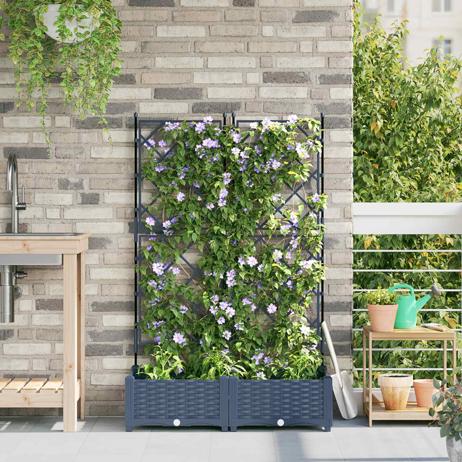 Jardinera de plástico gris 80 x 40 x 125,5 cm, 2 unidades con ayuda para enredaderas, resistente a la intemperie, para balcón, terraza, exterior, como maceta, jardinera