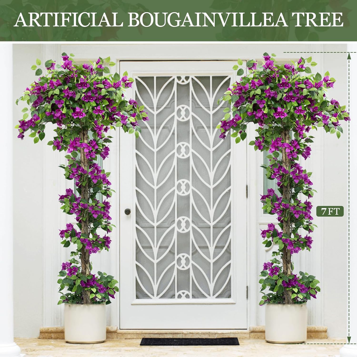 7FT Tall Bougainvillea Artificial Tree for Outdoors or Indoors, Faux Tree Realistic Wood with Flowers in Plastic Pot Front Porch Plants, Home, Office, Purple