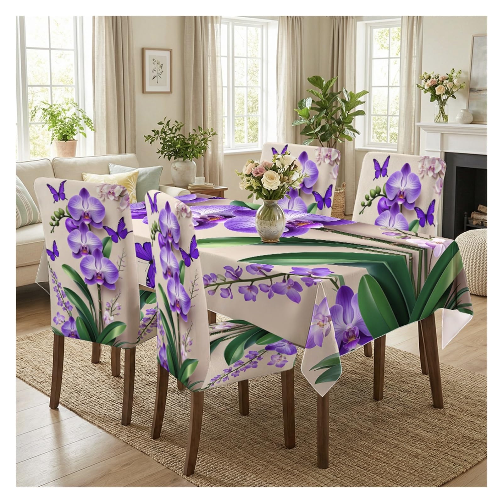 KXUAUV Stretch Dining Chair Slipcover & Tablecloth Set, Light Base Purple Orchid Butterfly Print, 5/7 Pack, Luxury Elegant Home Decor Party Decor(5pcs Set: Tablecloth+Chair Covers)