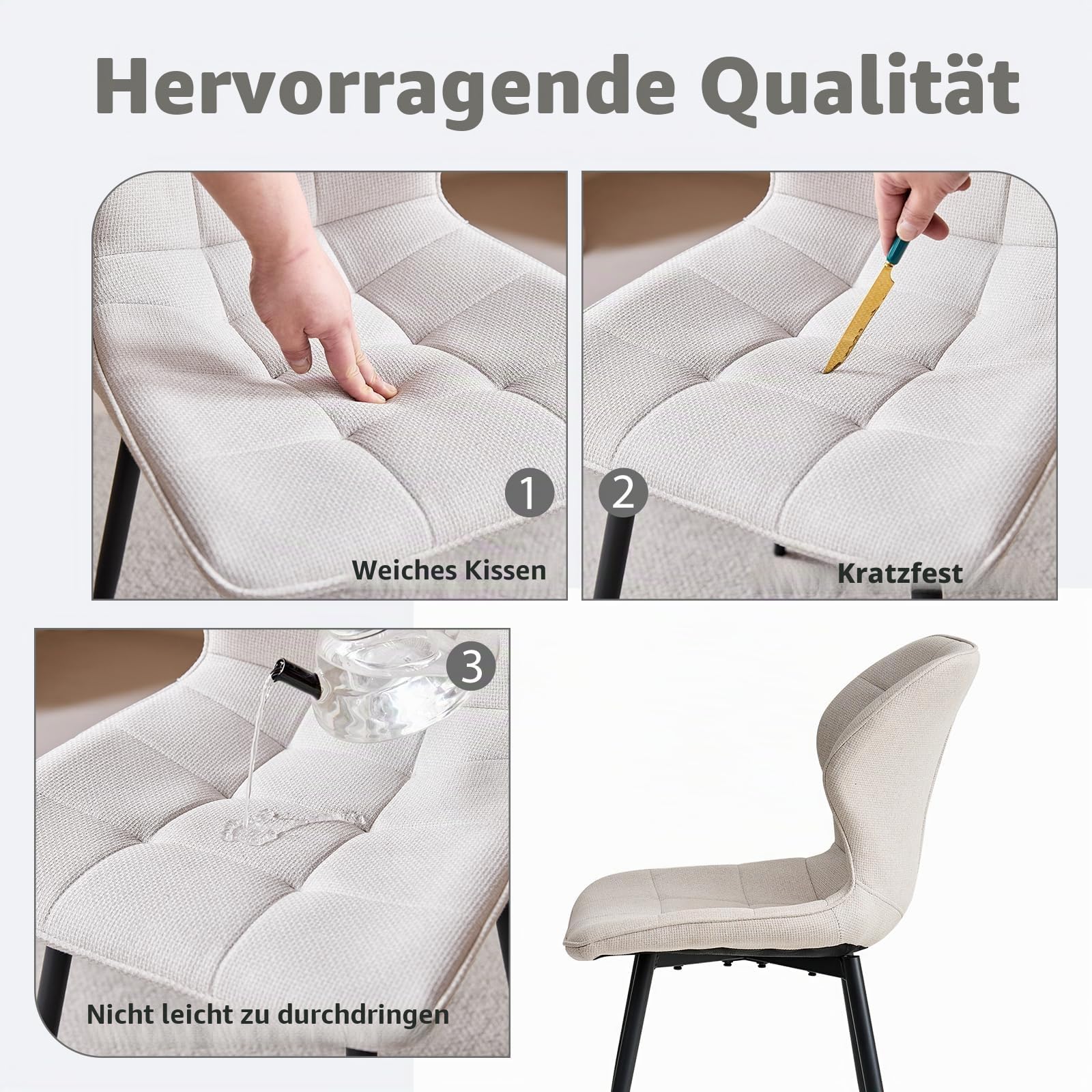 Modernes Esstisch-Set mit Stühlen, 100 cm Runder Esstisch in Heller Holzmaserung + 4 Beigefarbene Leinenstühle mit Metallbeinen
