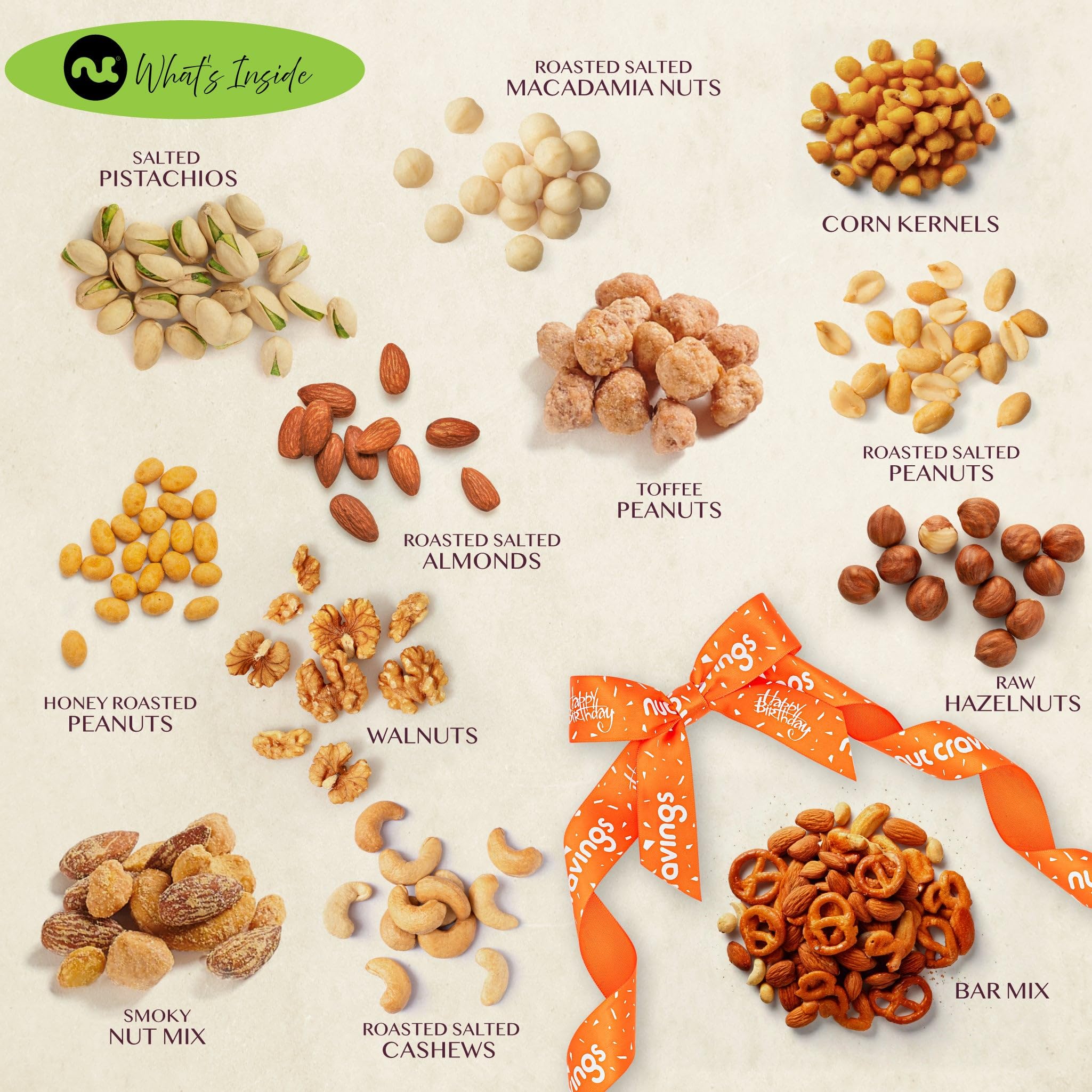 NUT CRAVINGS Gourmet Collection - Happy Birthday Treats, Nuts Gift Basket with Bday Ribbon in Reusable Wooden Tray (12 Assortments) Food Arrangement, Healthy Snack Care Package, Food Assortments