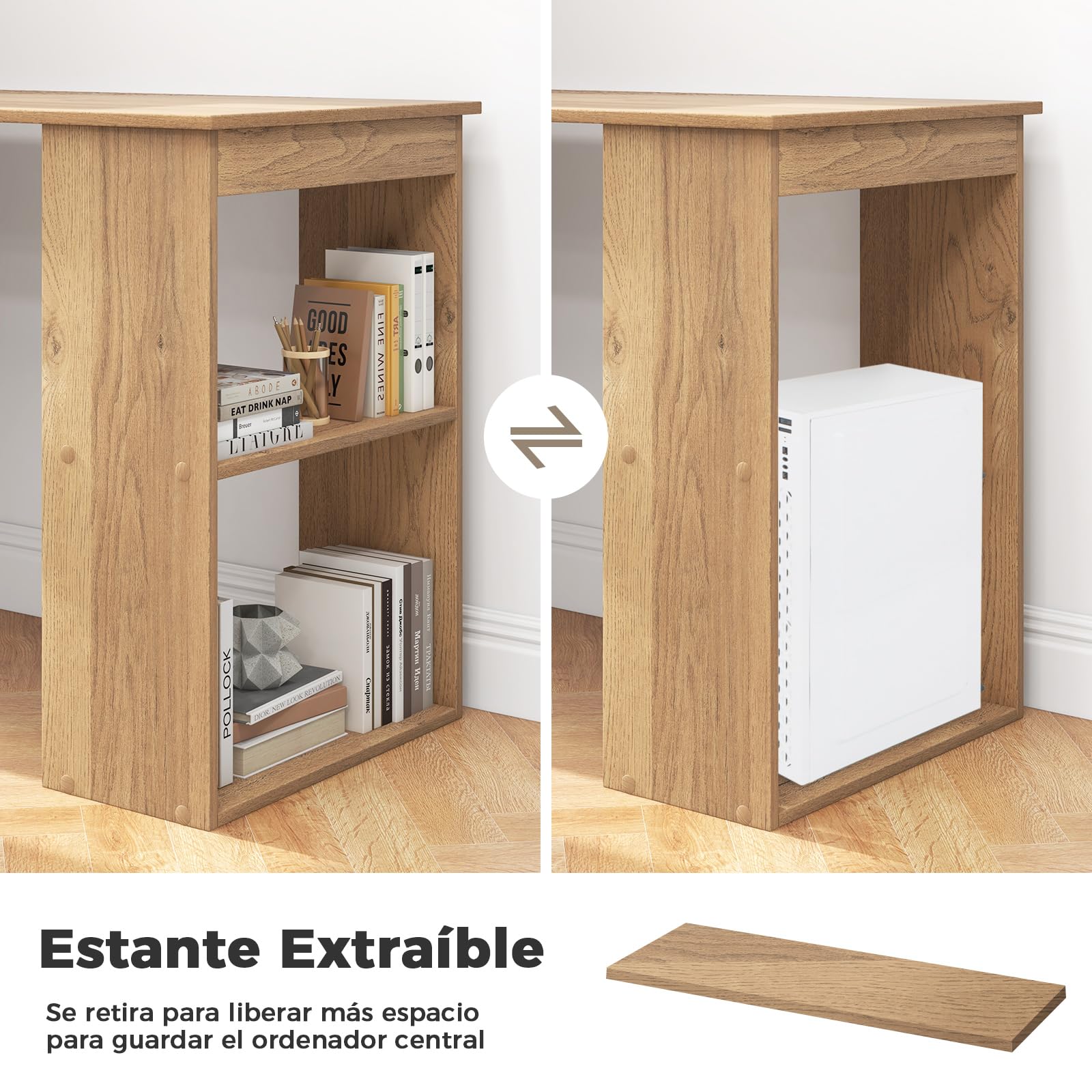 COSTWAY Escritorio con Estanteria, Mesa Escritorio 120 cm, 6 Estantes de Almacenamiento, Mesa Ordenador Reversible Oficina/Dormitorio (Natural)