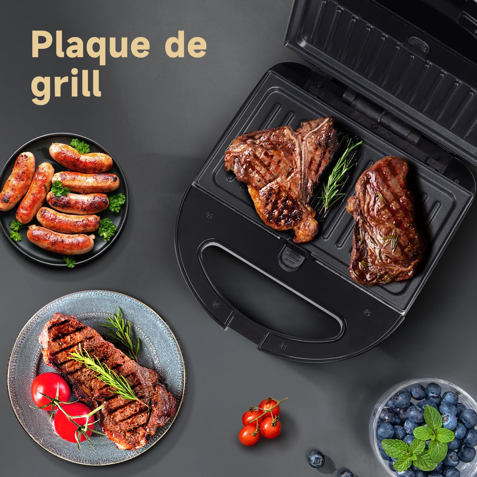 Aigostar gaufrier 3 en 1 : Presse à Paninis et appareil à sandwichs avec 3 Plaques Antiadhésives et Interchangeables, Thermostat Automatique, Grande puissance de 750W