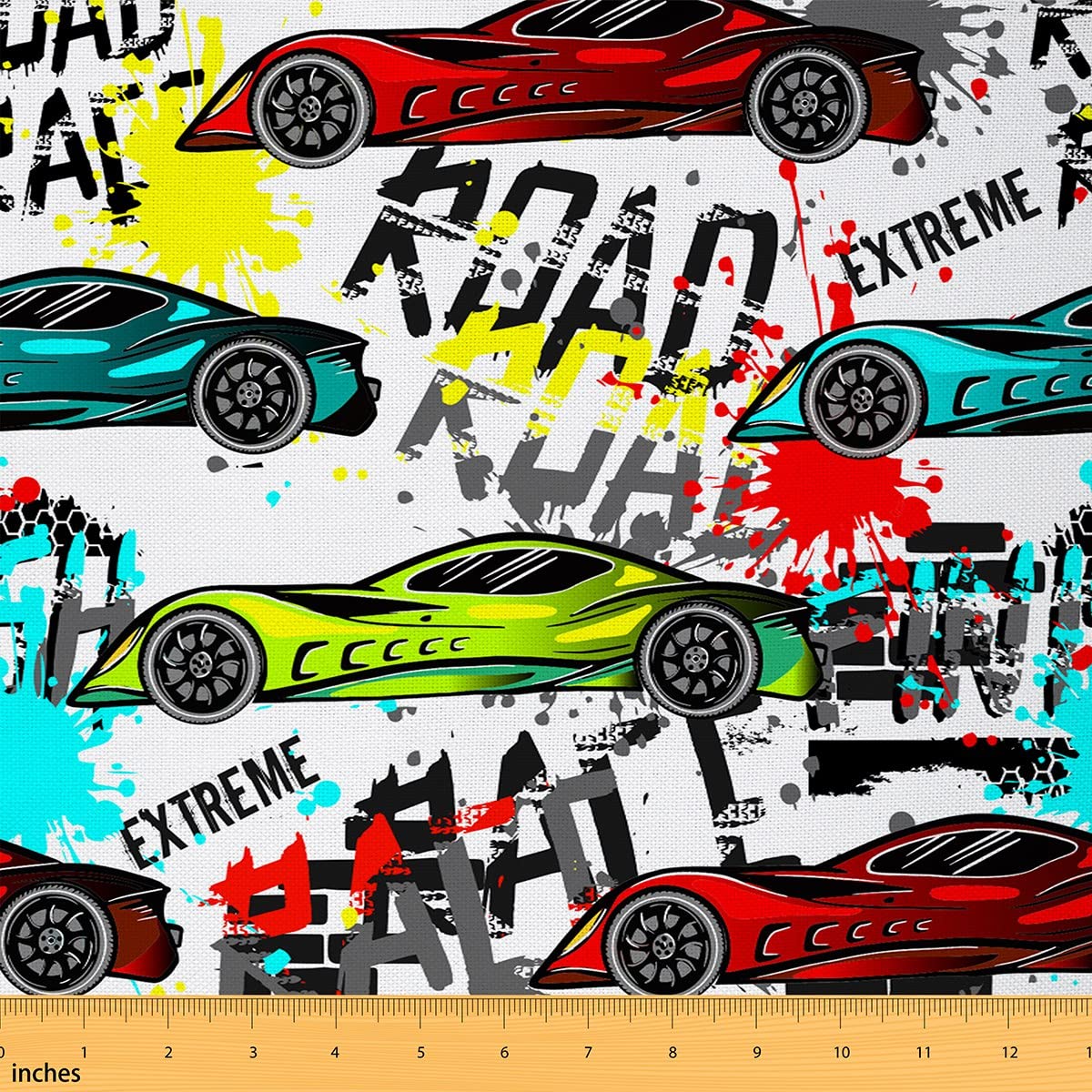 Richhome Boys Multi 8 Colorful Racing Car Fabric By The Yard Watercolor Competition Vehicle Hippie Graffiti Fabric For Teens Adults Extreme Sports Game Style Fabric For Room Decor And Diy Upholstery 1 Yard