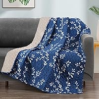 ExclusivoMezcla 50x60 Quilted Microfiber Throw Blanket - Reversible Floral Navy Pattern, Lightweight All-Season Lap Quilt for Couch Bed Sofa