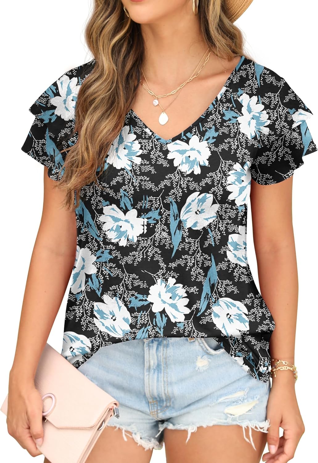 FREEOAK Womens Floral Tops Ruffle Sleeve Shirts for Women V Neck Loose Fit Casual Tee Tunics