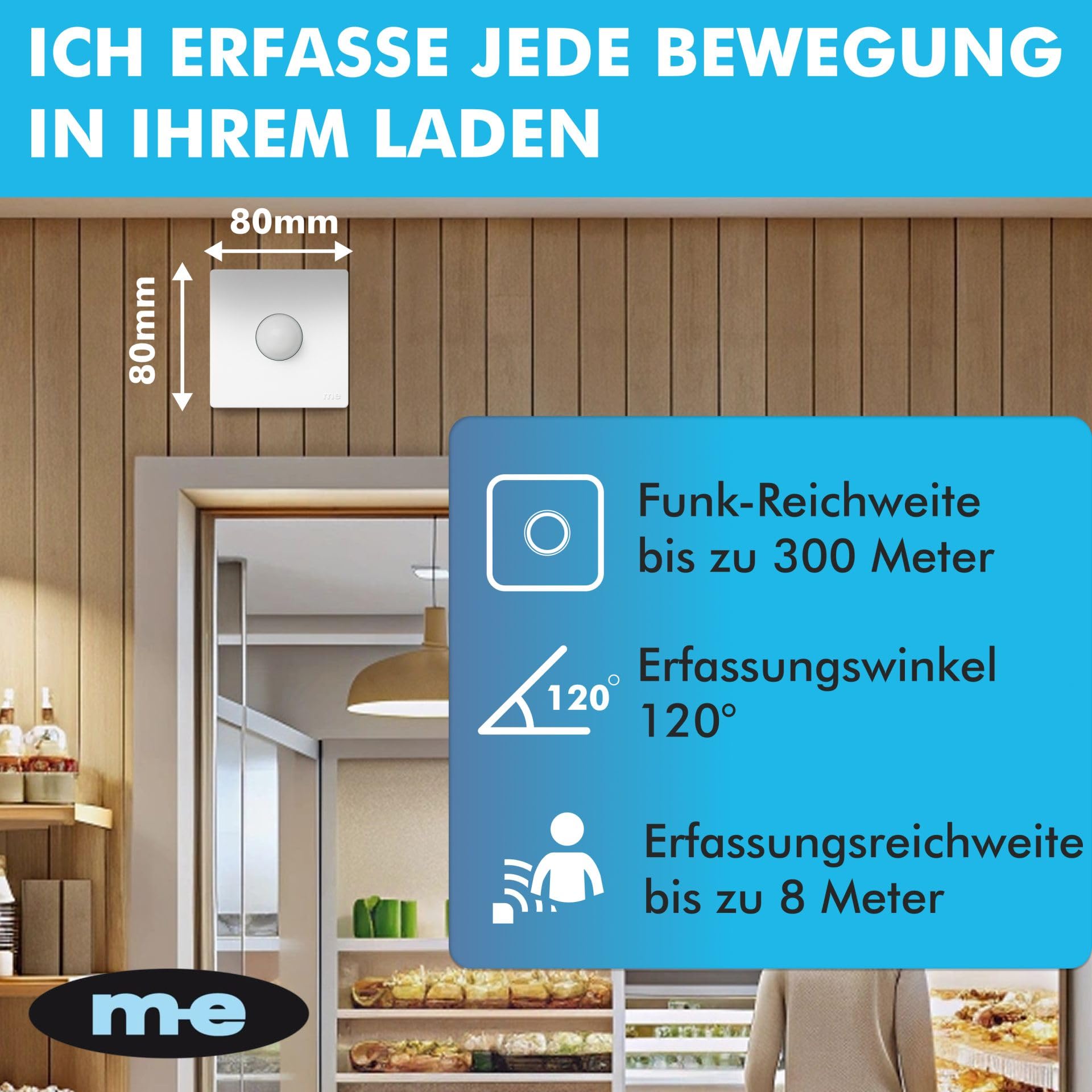 m-e Funk-Bewegungsmelder BELL-5814 | Kabelloser Durchgangsmelder | 2-fache Meldung bei Auslösung – auf Funkempfänger und auf Smartphone Handy App | Funkreichweite 300 Meter