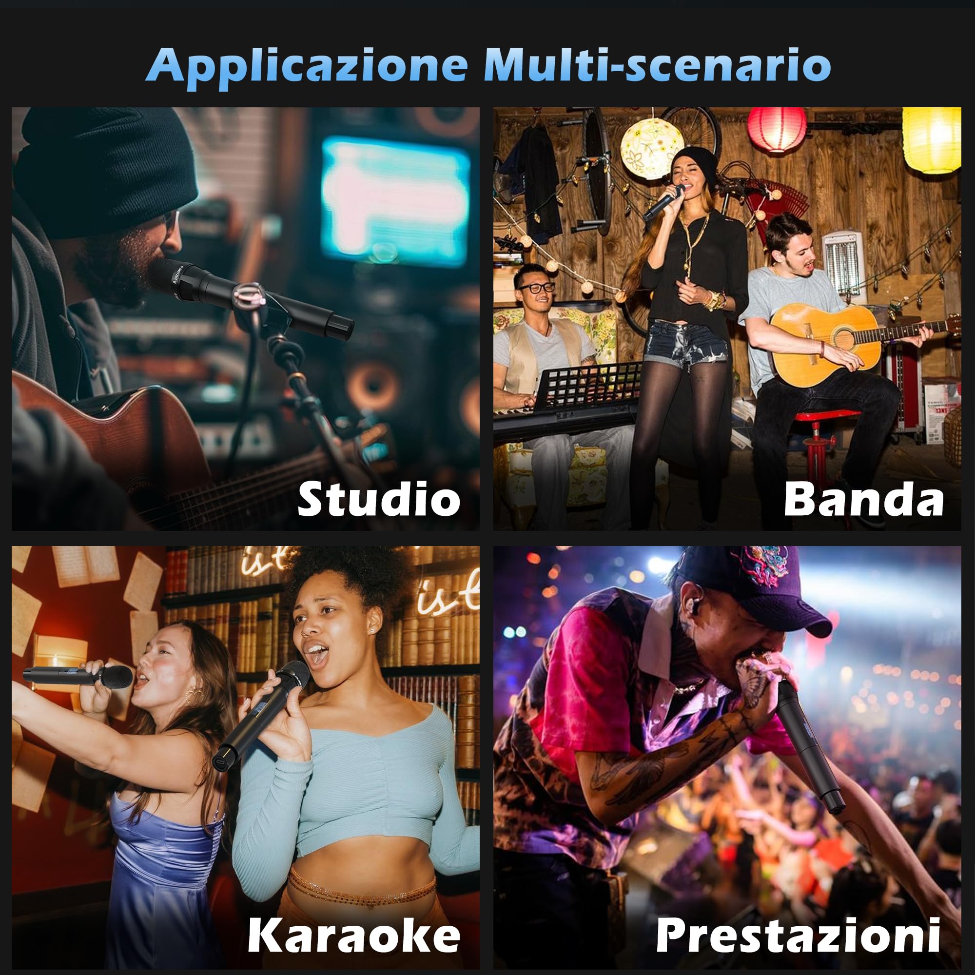 talomen Set Microfoni Wireless UHF, 2 Microfoni Dinamici a Mano in Metallo, Auto Scan, Portata 120 m, Ricevitore a Doppio Canale, Ideale per Canto, Karaoke, Feste, DJ, Chiesa – K120 Nero