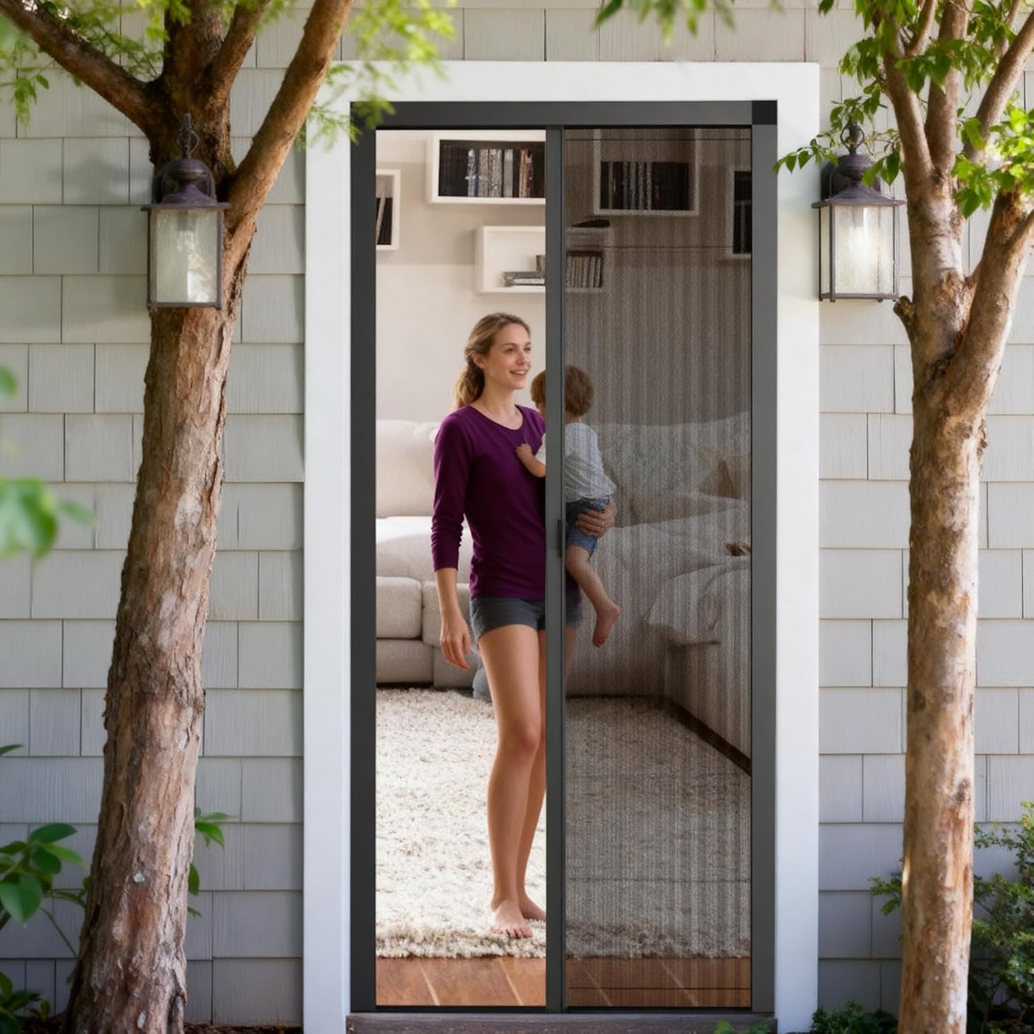 Retractable Screen Door with Sliding Track Fits Door Size 33" x 80" (Curtain Size 34'' x 81'') Pet Friendly Magnetic Fiberglass Mesh Screen for Patio French Sliding Doors Weighted Bottom