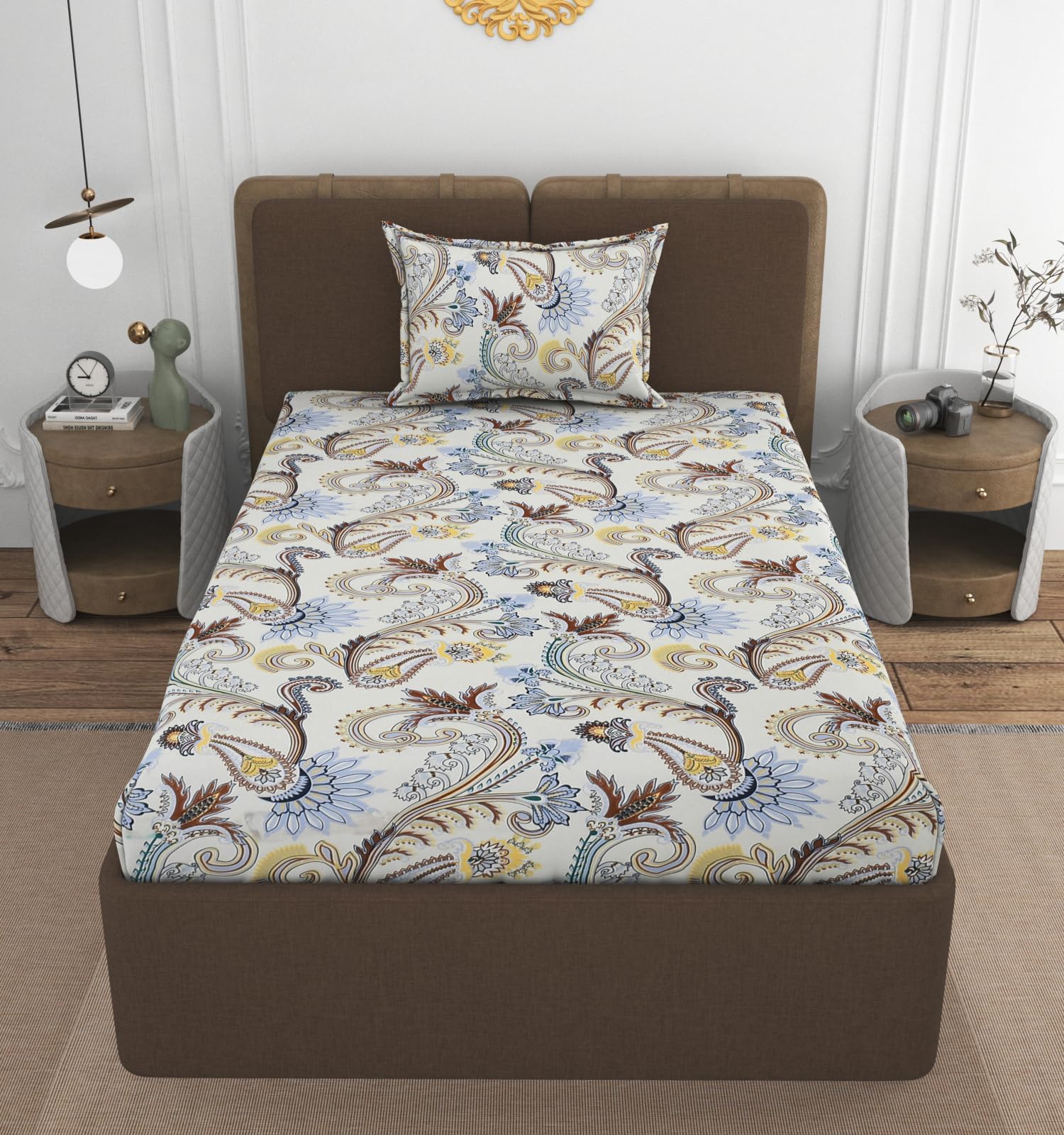 VOMZER Premium 320 TC Fitted Bed Sheet with Full Elastic - Deep Pocket Design - Wrinkle Resistant Fitted Bedsheet 36x72 Single Cream Traingle