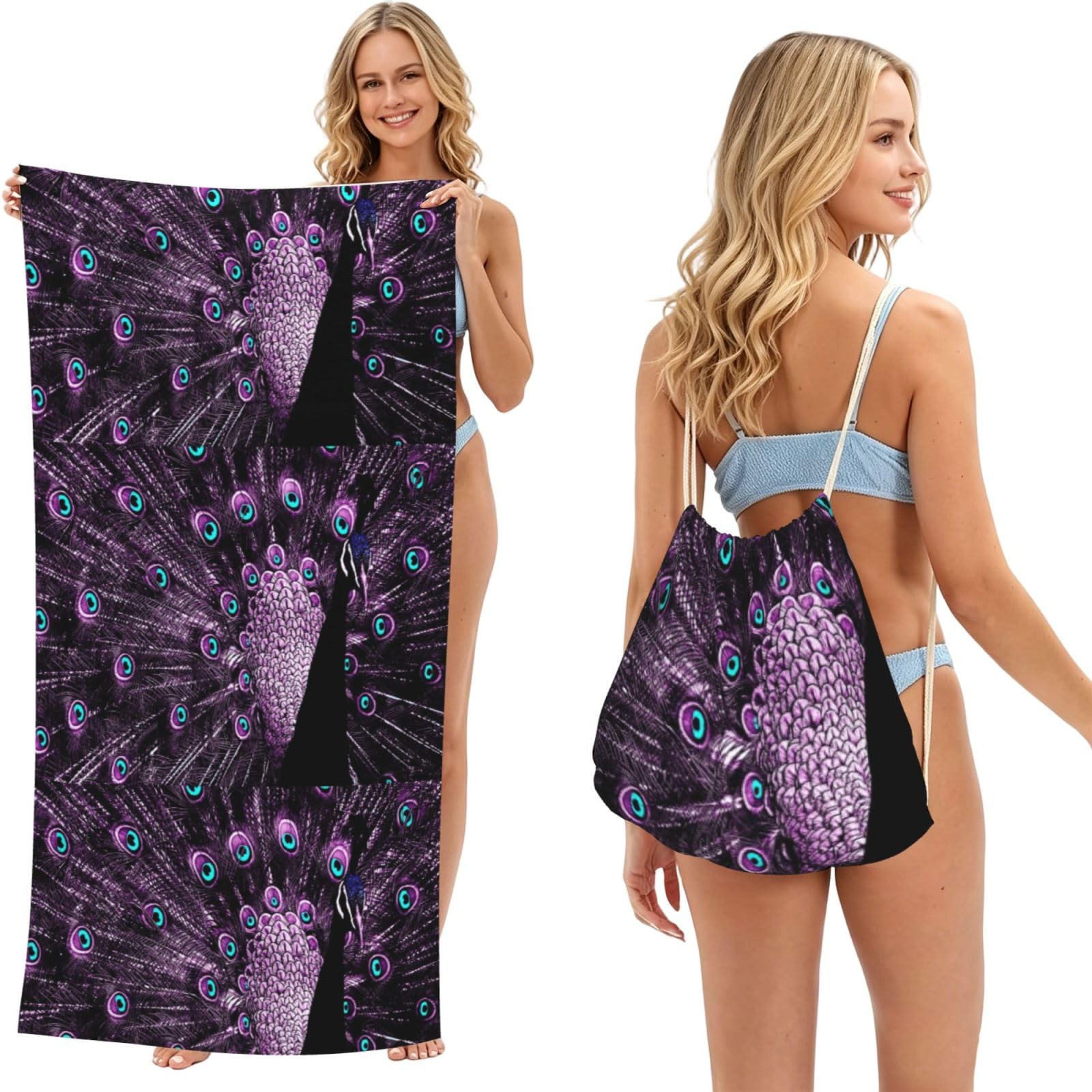 Poadnly As Picture Purple Peacock, 2 In 1 Packable Towel Bag, Beach Towels With Drawstring Backpack For Travel Holiday Camping
