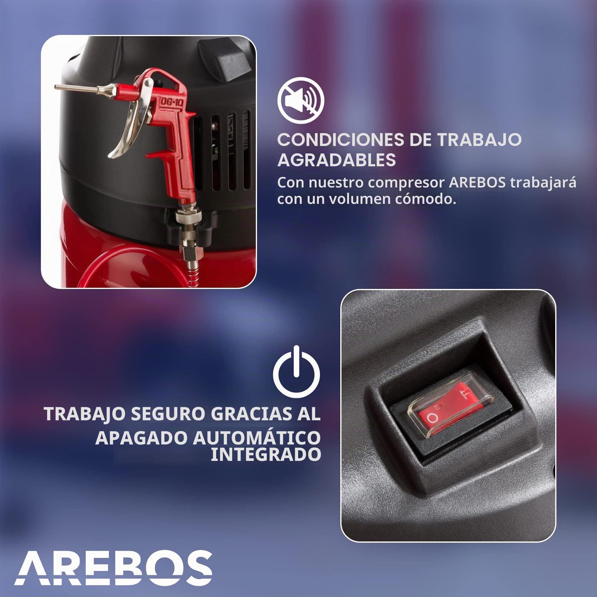 Arebos Compresor de aire comprimido |compresor de aire/compresor aire silencioso | Incluye 13 accesorios | Bajo mantenimiento | Apagado automático | Capacidad: 50 l, 30 l o 6 l (50 litros)