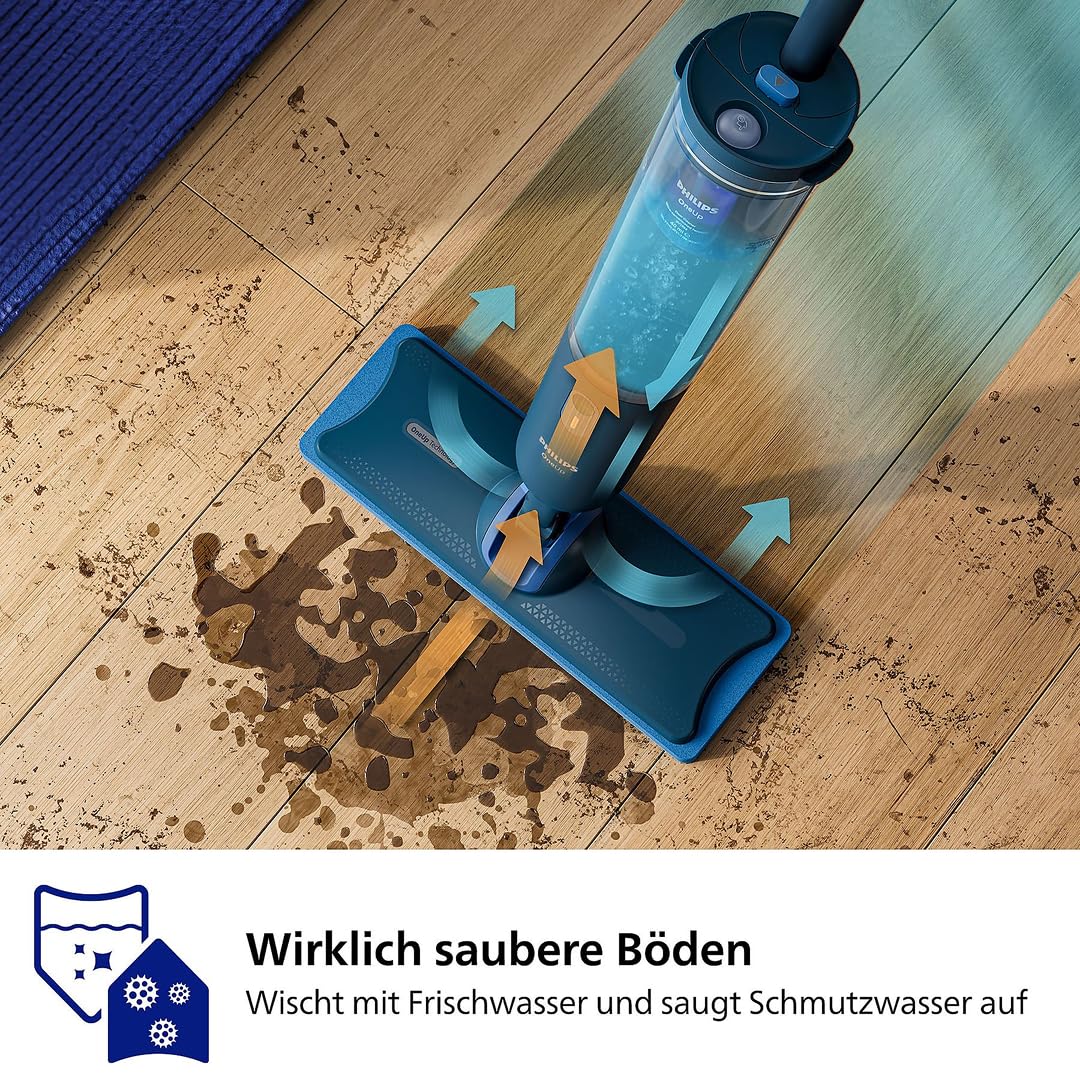 Philips OneUp 3000 Series elektrischer Wischmopp - 2X sauberere Böden², 2X schnelleres Wischen, kabellos mit 360° Drehgelenk, waschbare Wiederverwendbare Pads, langanhaltender Akku (XV3101/01 | inkl. 1 Pad, kabellos, 360° Drehgelenk, 2x schnelleres Wische