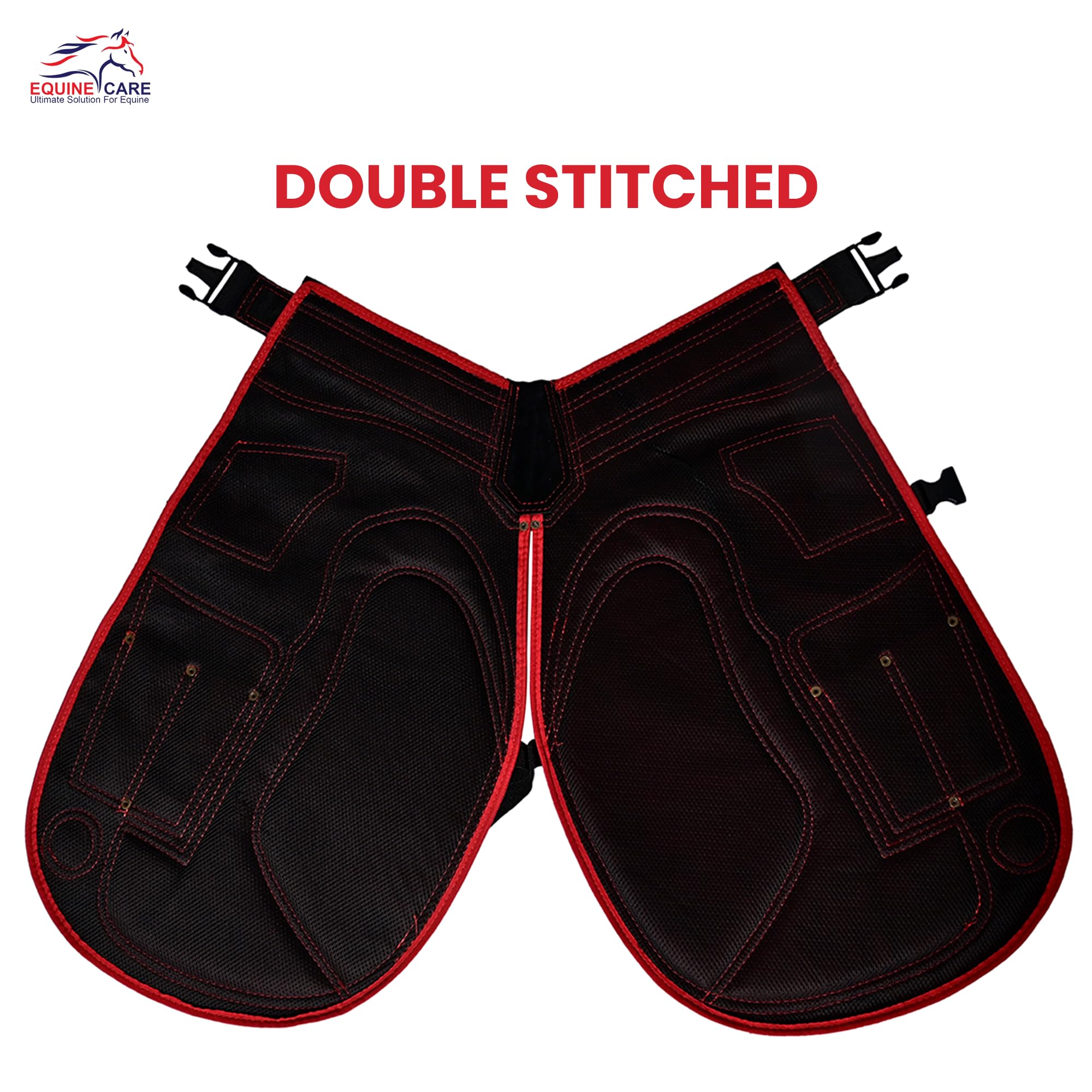 Equine Care Delantal Farrier - 23 Pulgadas y 25 Pulgadas - Piel de Ante y Lona - 4 Bolsillos, 2 imanes - Corte de Herradura y pezuña - Rojo/Negro, 23 Pulgadas (59 cm) de Longitud.