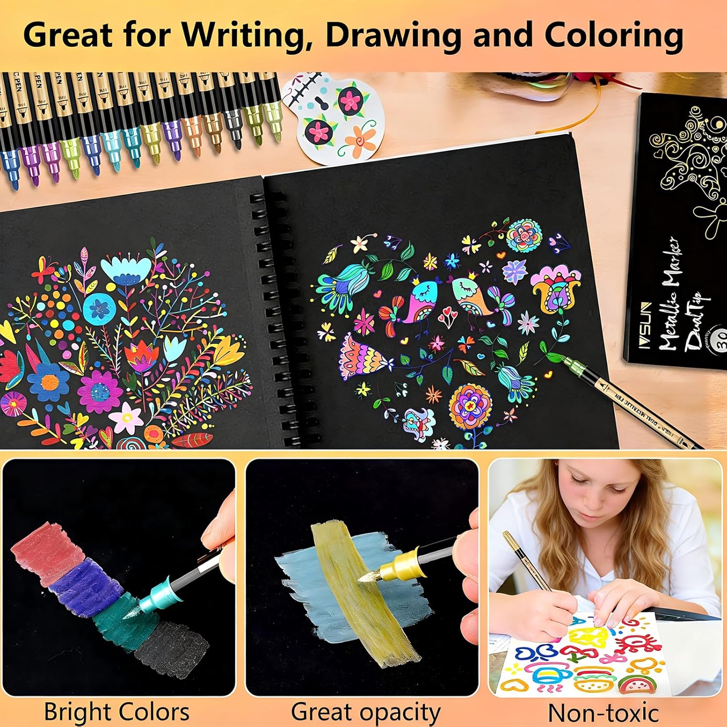 Metallic Marker Pens, 30 Colors Dual Tip Acrylic Paint Pens for Black Paper, Scrapbooking, Photo Album, Rock Painting, Paint Marker for DIY Arts & Crafts, Glass, Wood, Card Making, Scrapbook Supplies - Image 3