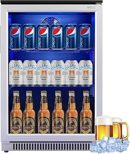 WEILI Refrigerador de bebidas de 20 pulgadas con puerta de vidrio, mini refrigerador de 120 latas con luz LED azul para vino de cerveza de soda,