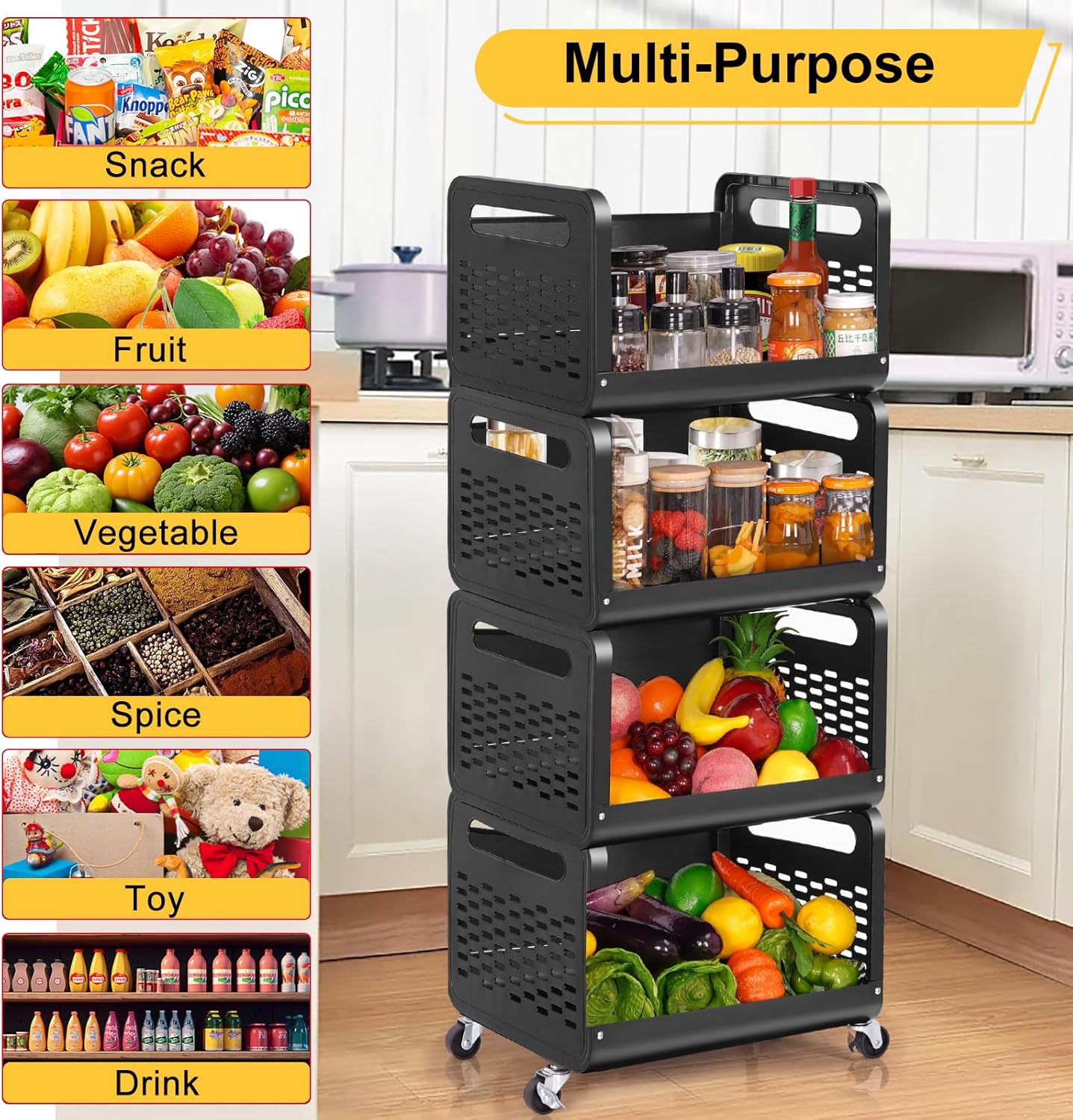 Snack Cart with Wheels for Kitchen Organizer and Storage, 4 Tier Rolling Utility Cart Snack Bar Station Cabinet, Produce Fruit Vegetable Candy Storage Rack Stand for Kitchen Pantry Bedroom