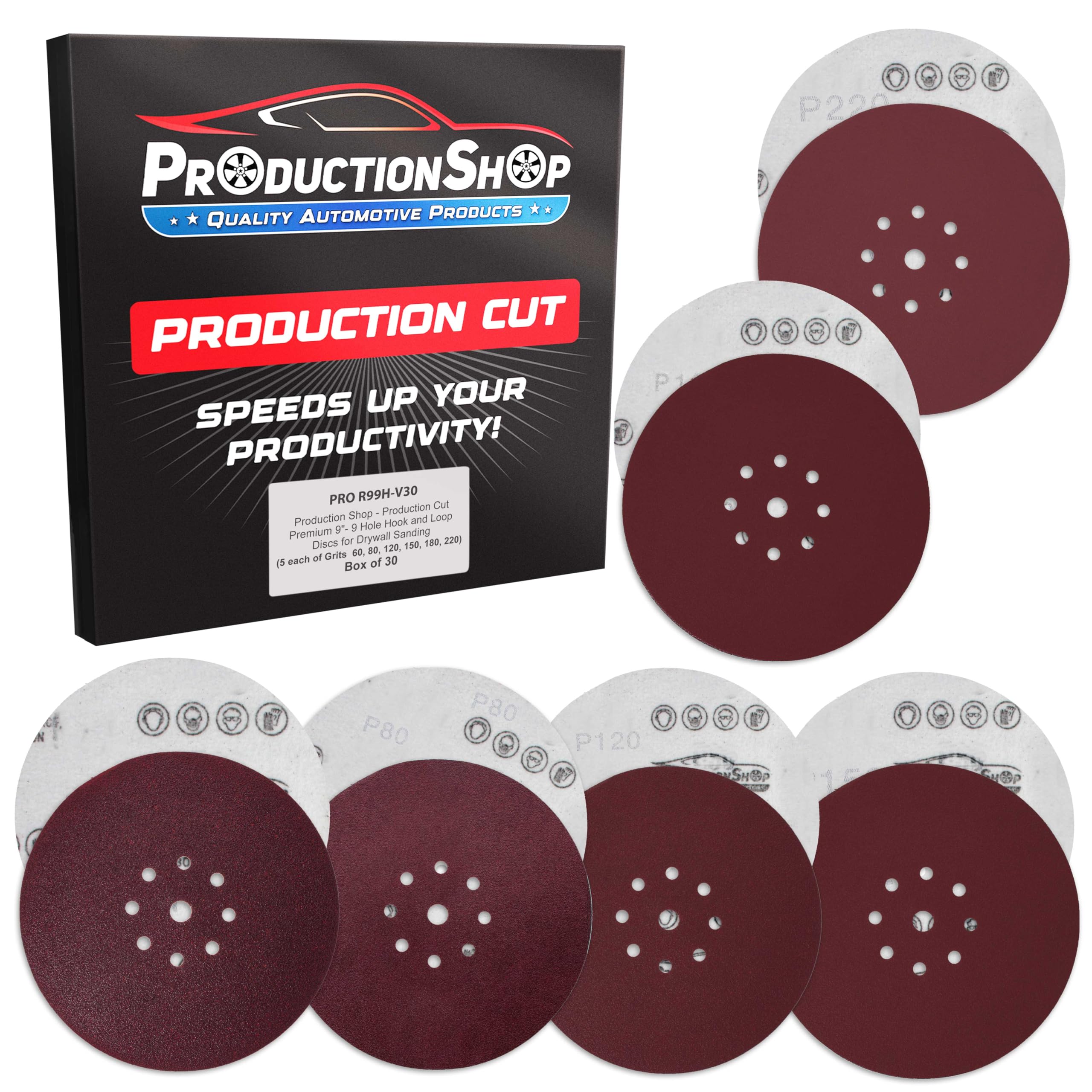 ProductionShop Discos de lijado de 9 agujeros rojos de 9 pulgadas, paquete variado de 30 discos, granos 60, 80, 120, 150, 180, 220, papel de lija sin polvo para lijadora eléctrica de paneles de yeso,