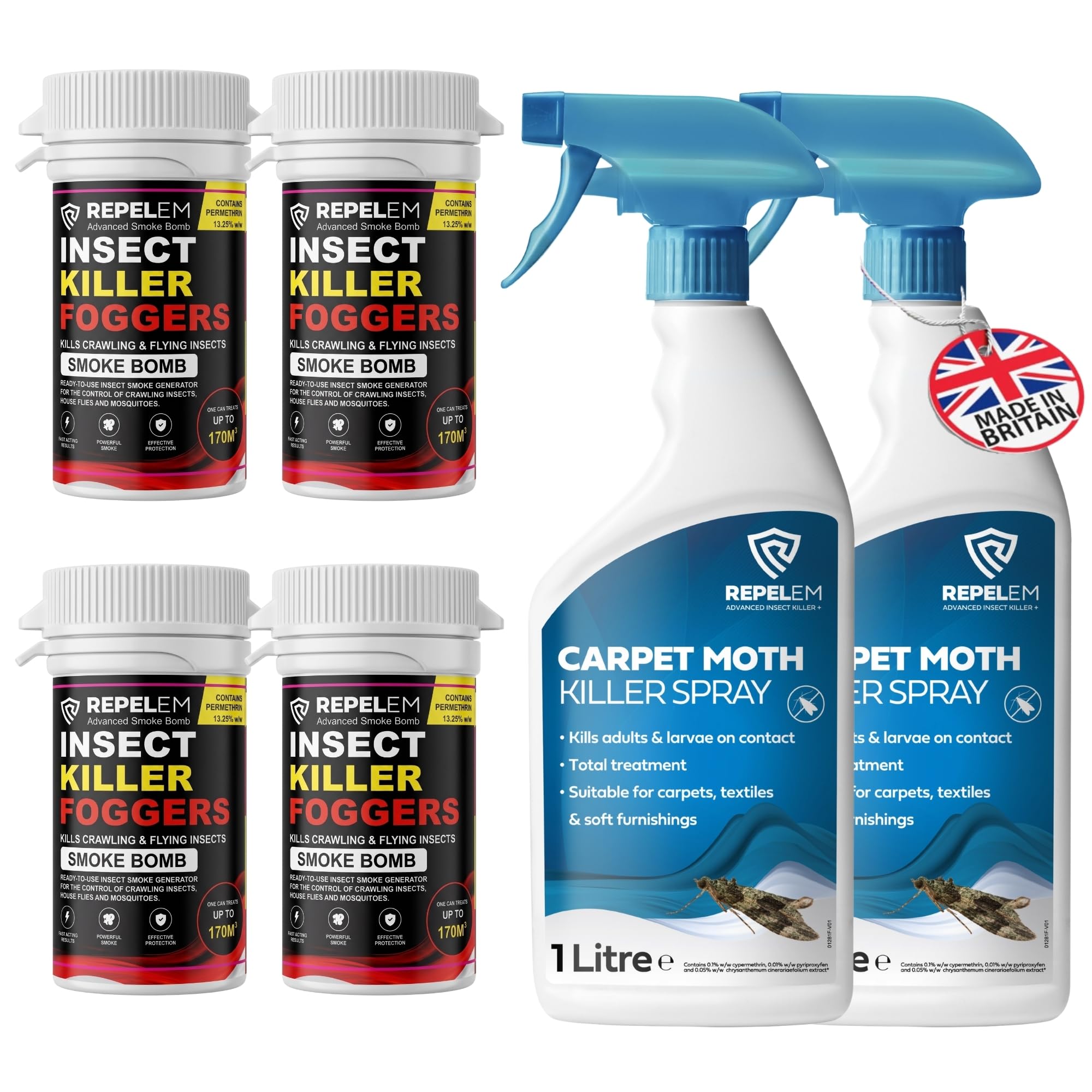 REPELEM Carpet Moth Killer Spray - Non-Staining, 2L + 4 Smoke Bombs