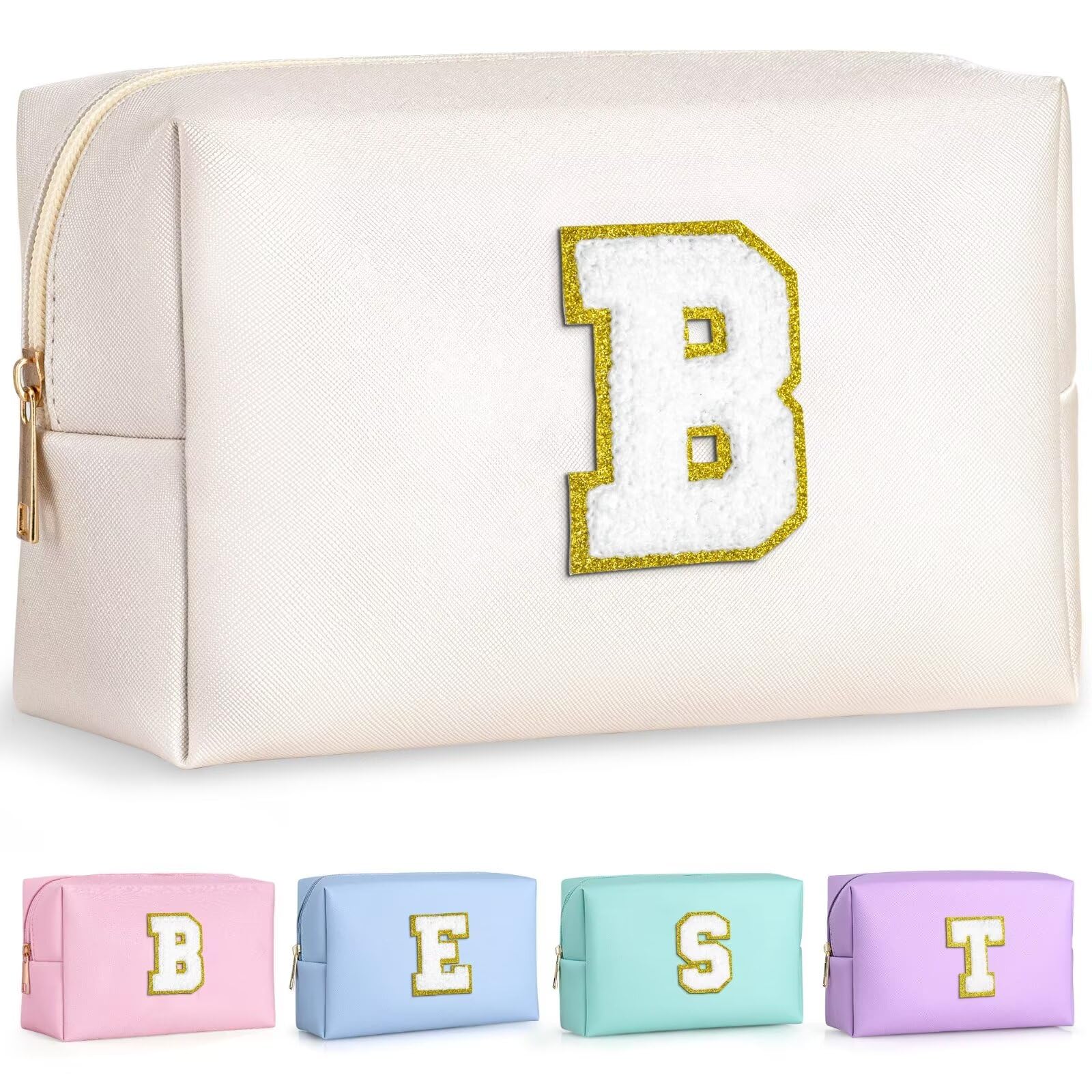 TOPEAST Preppy Patch Makeup Bag, Chenille Letter Pouch Cosmetic Bag, PU Leather Waterproof Toiletry Bag, Personalized Birthday Gift for Women Girl,