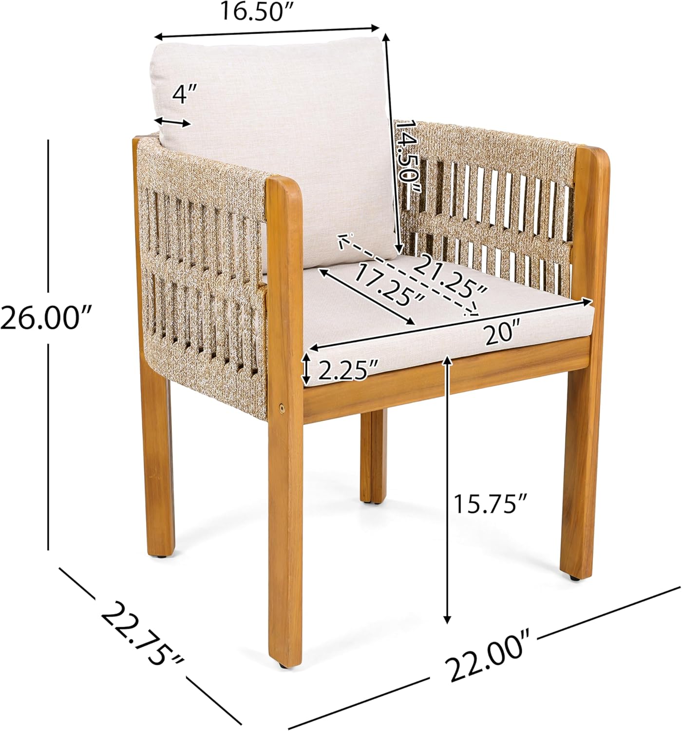 Christopher Knight Home Levi Acacia Wood Outdoor Dining Chairs Set of 2, Wooden Patio Dining Chair with Waterproof Cushions, Outdoor Kitchen Side Chair with Rope Woven Accent, Teak+Brown+Beige