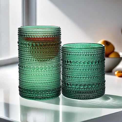 Miniatura 7 de Juego de 8 vasos de bebida vintage Hobnail para beber, vasos altos de 12 onzas y 10 onzas, vaso para cócteles, whisky, jugo, leche