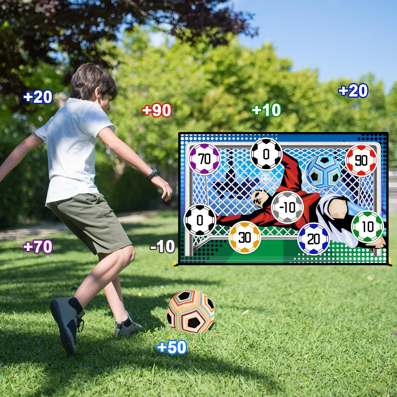 JONRRYIN Set da Gioco con Pallone da Calcio per Bambini di 3 4 5 6 7 8 Anni, Porta da Calcio in Cortile per Interni ed Esterni con Palline in Velcro, Regalo di Compleanno per Ragazzi e Ragazze