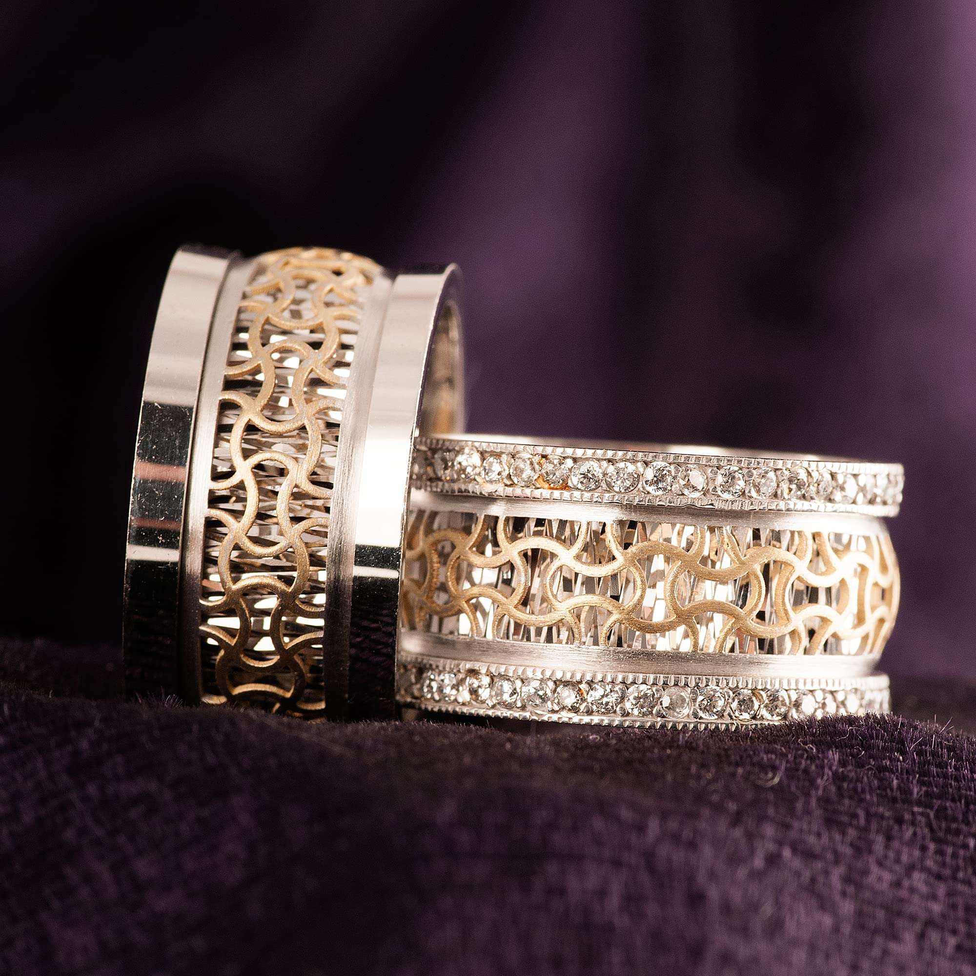 Conjunto de anillos de boda chapados en oro de 14 quilates, conjunto de alianzas de boda a juego para parejas, conjunto de anillos de bodas de plata personalizado para hombre y mujer