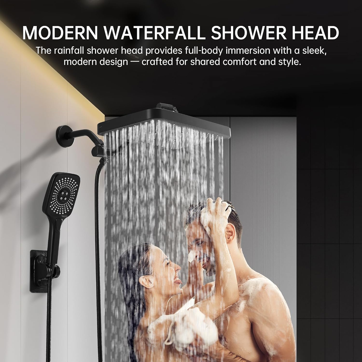 Rain Shower Head with Handheld Spray Combo Set Built-in Power Wash Mode, High Pressure Adjustable 13" Rainfall Dual Shower Head, Double Tandem Shower Head, Waterfall Showerhead Bathroom - Matte Black