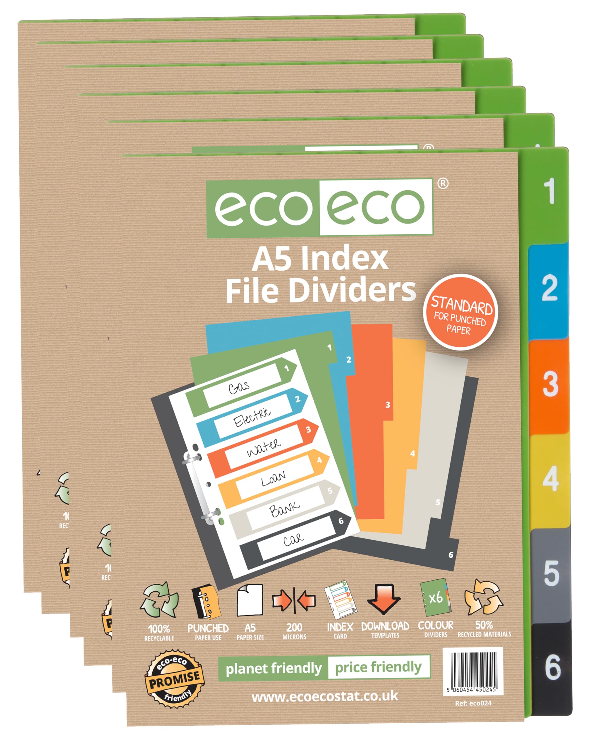 eco-eco A5 50% Recycled Set 6 Multi-Punched Index File Dividers, Multicoloured Tabbed 1-6 Ring Binder Subject Dividers, Pack of 6, eco024x6