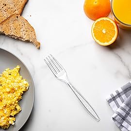 GUSTO [100 Pack] Heavyweight Clear Plastic Forks with Engraved Design - Disposable Sturdy Plastic Utensils for Parties, Weddings, and Events (Formerly Comfy Package)