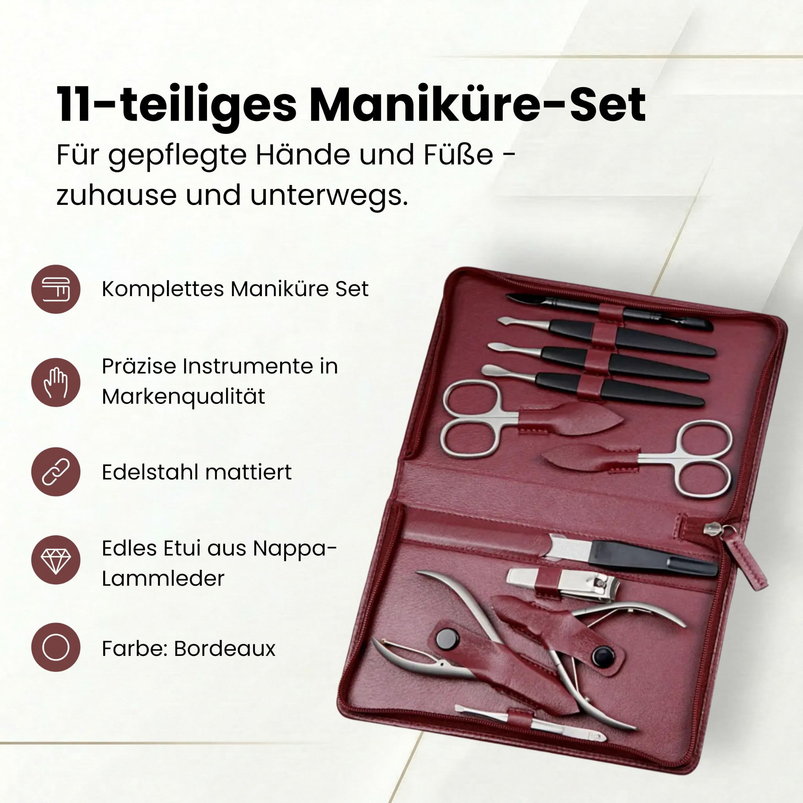 Sonnenschein by Hans Kniebes Maniküre Set 11-teilig Bordeaux - Manicure-Etui aus Nappa-Lammleder - Nagelschere Hautschere Nagelzange Pinzette Feile Knipser - Rostfreier Edelstahl